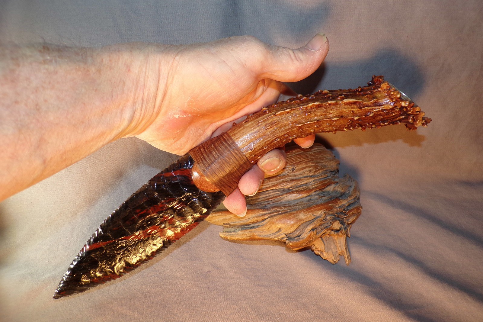 Knapped Obsidian Paleo Knife Indian Head Nickel Triple Flow COA Flint Knapping