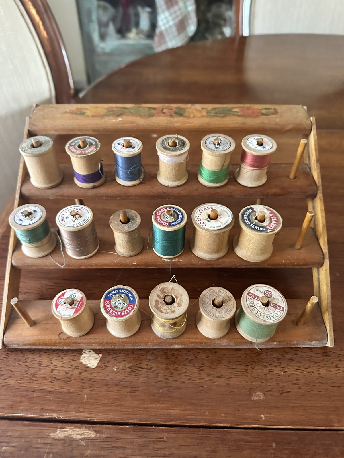 Vintage Wood Thread Spool Holder - Collapsible with wood spools