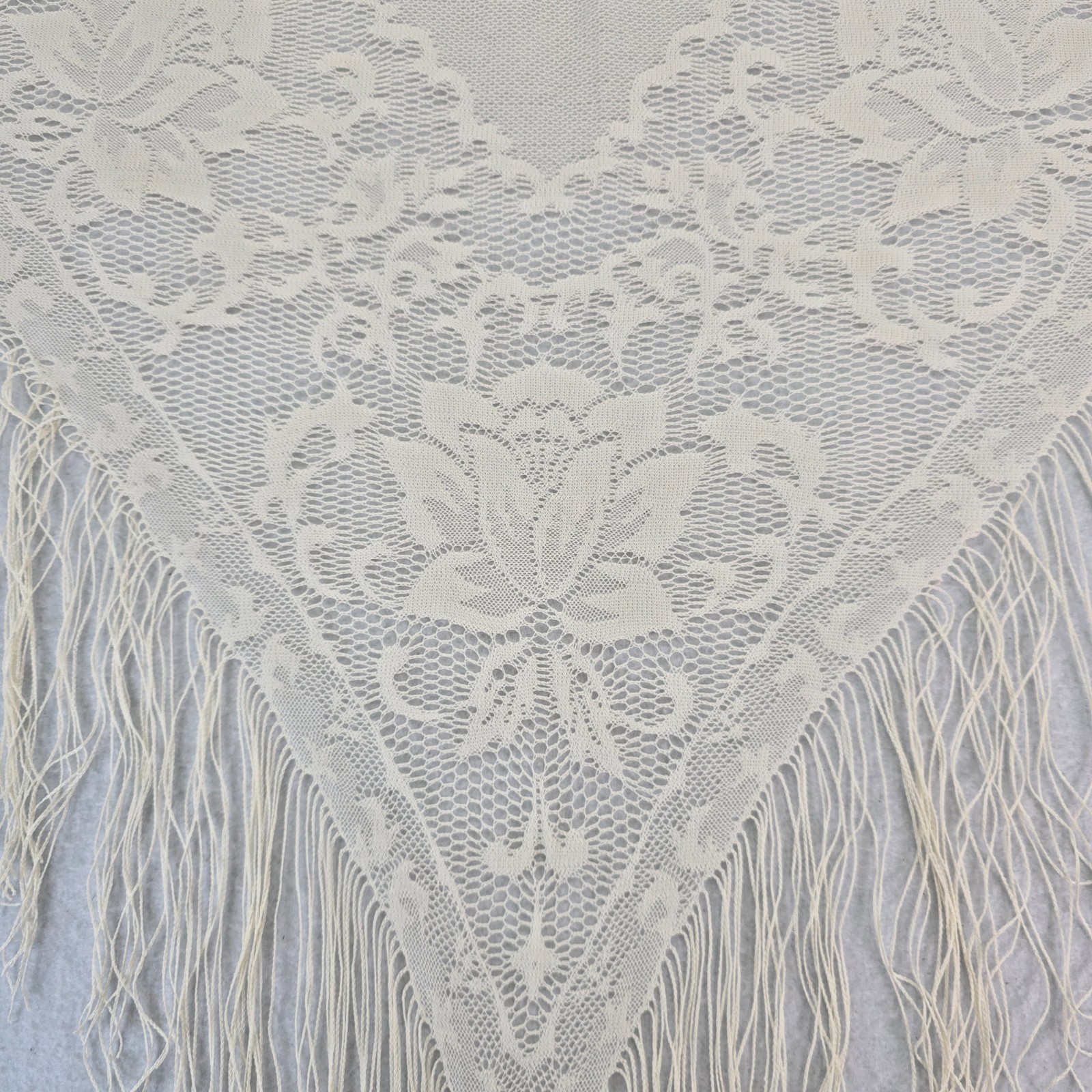 Vintage Large Woven Shawl with Fringe Floral Boho Made In Japan Cream