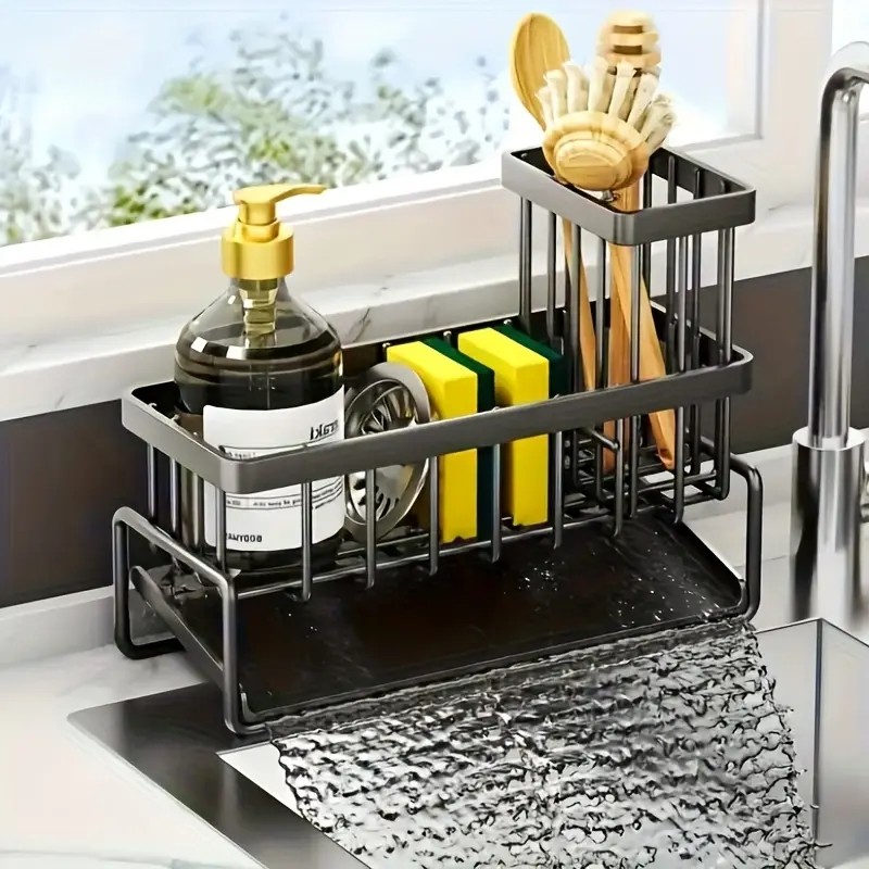 Stainless Steel Kitchen Sink Sponge Organizer Rack with Chopsticks Towel Holder