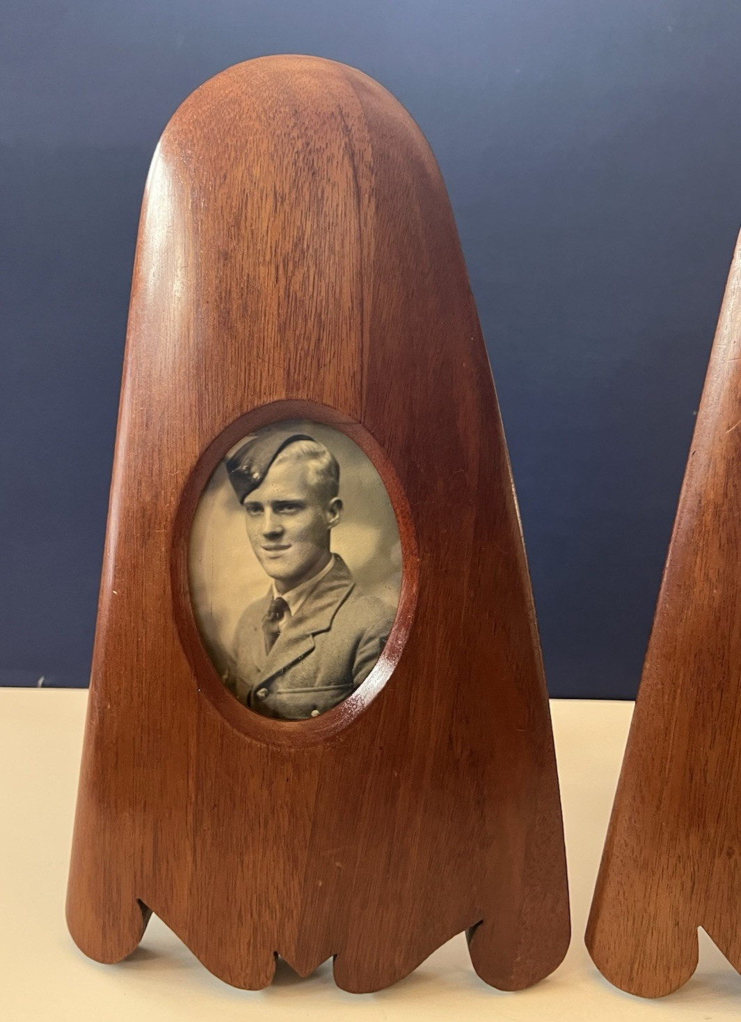 Pair of Antique WWI Photo Frames of Soldier Made From Airplane Propellars