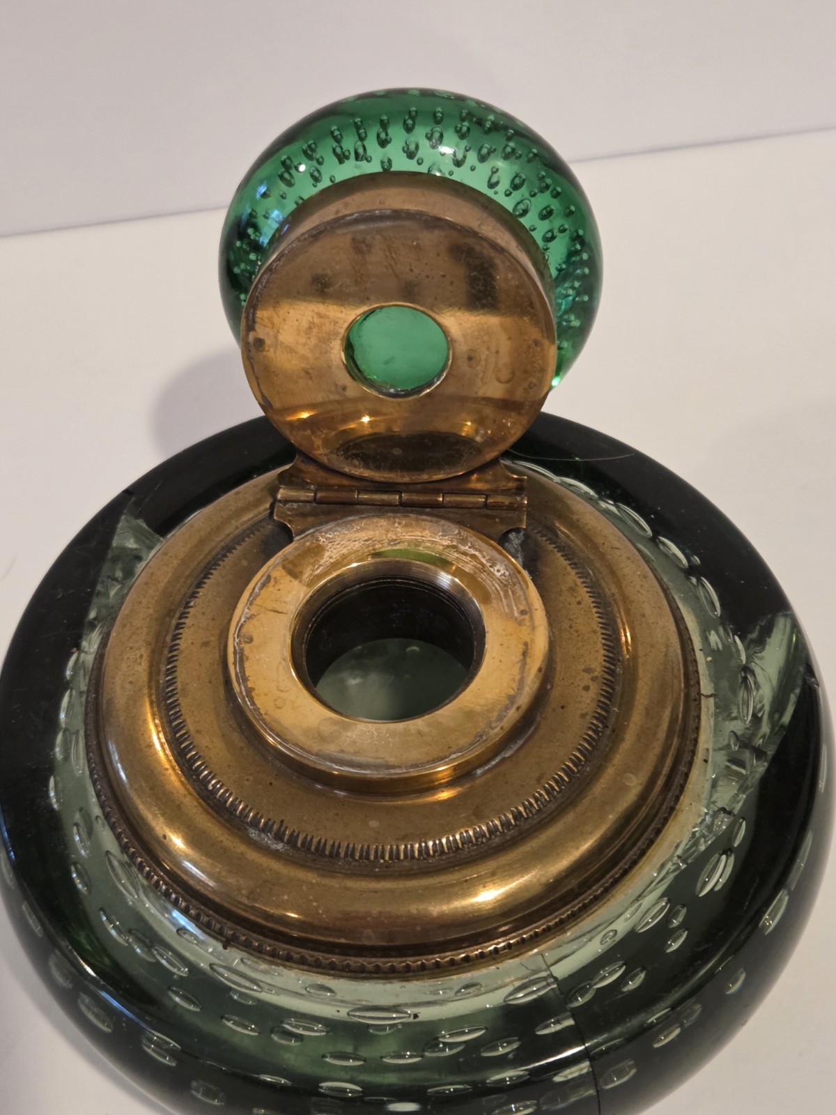 Glass Ink Well hand Blown Controlled Bubbles Brass Antique Green