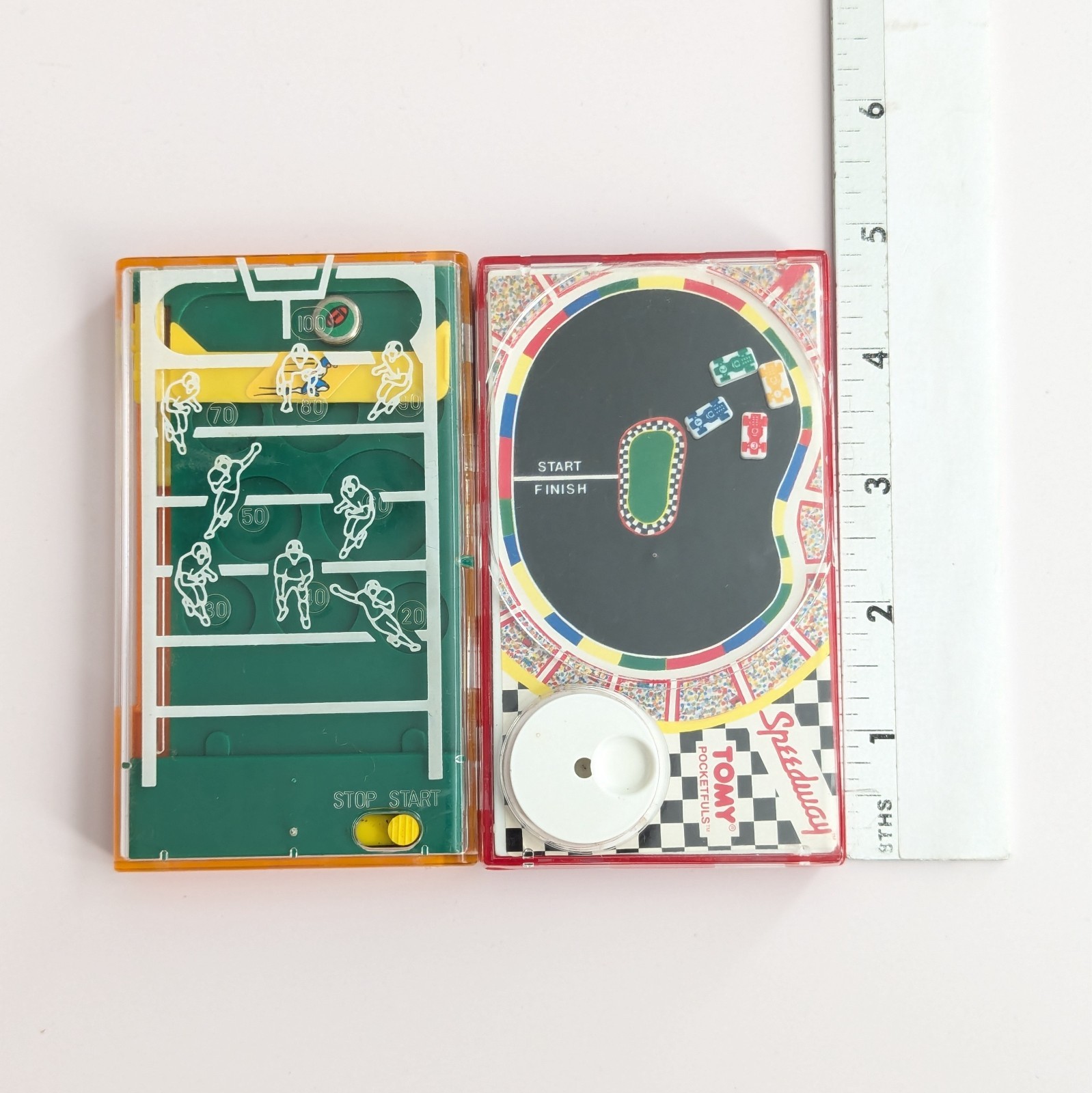 Vtg 1987 Tomy Pocketfuls Games Handheld Travel Speedway Car Racing & Football