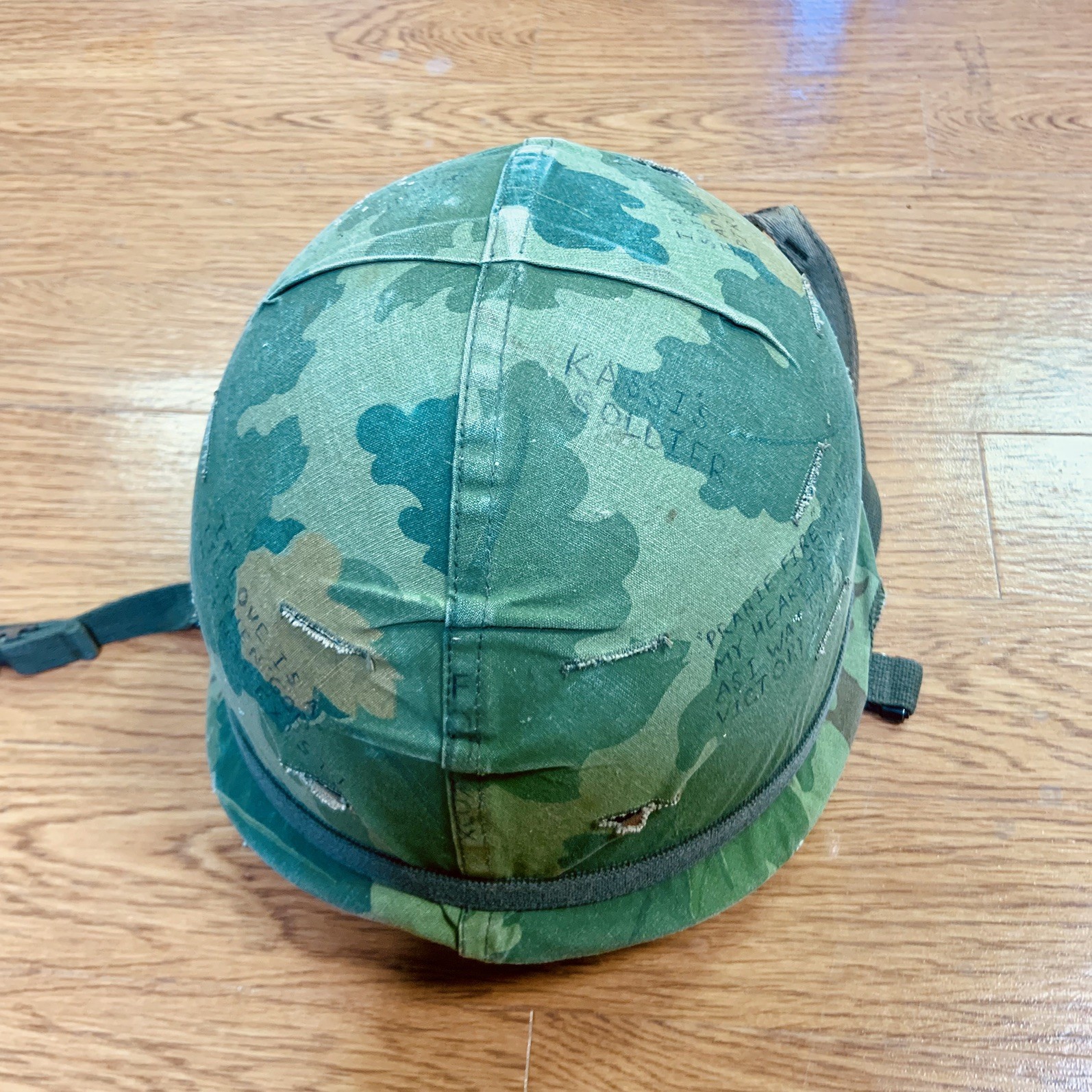 Vietnam War Era U.S. M1 Combat Helmet w/ Reversible Mitchell Camo Cover & Liner