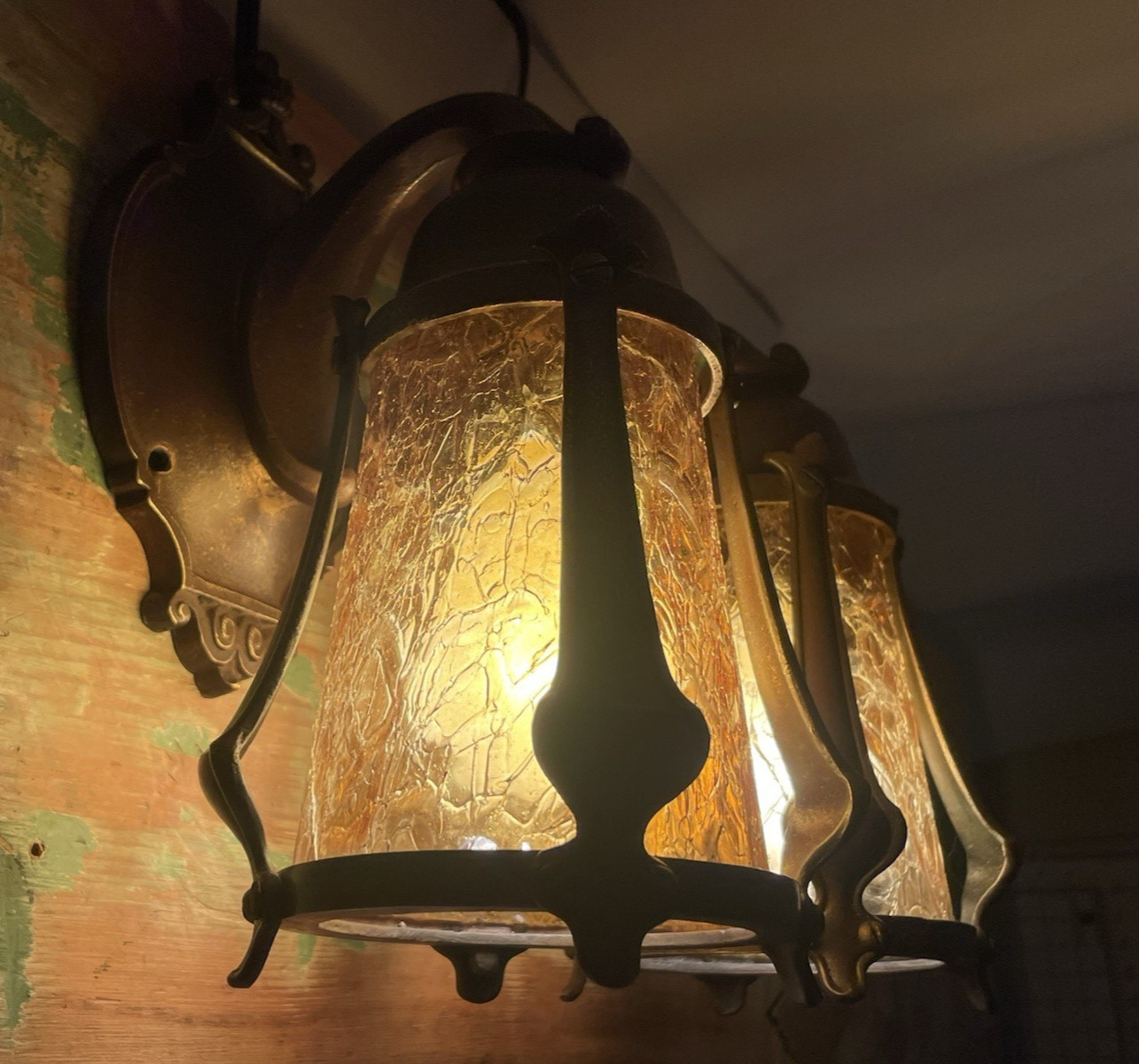 RESTORED Pair Antique Vtg Tudor Arts Crafts Wall Sconces Amber Glass Porch Light