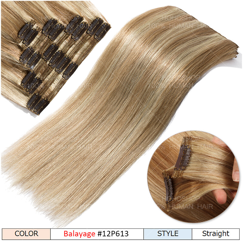 Luxury Thick Clip in Remy Human Hair Extensions Full Head Double Weft Highlight