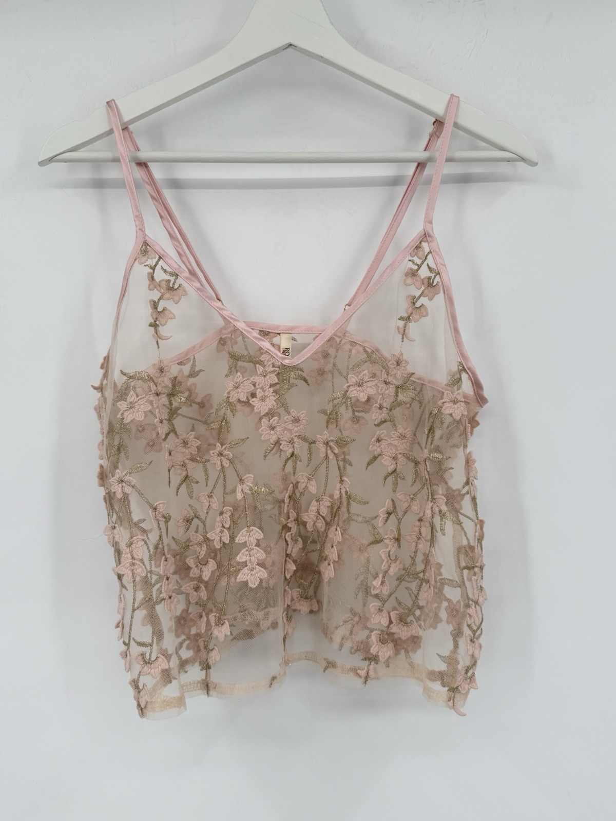 Y2K Roma Confidential Lace Sheer Floral Camisole Size M Pink Gold Embroidery