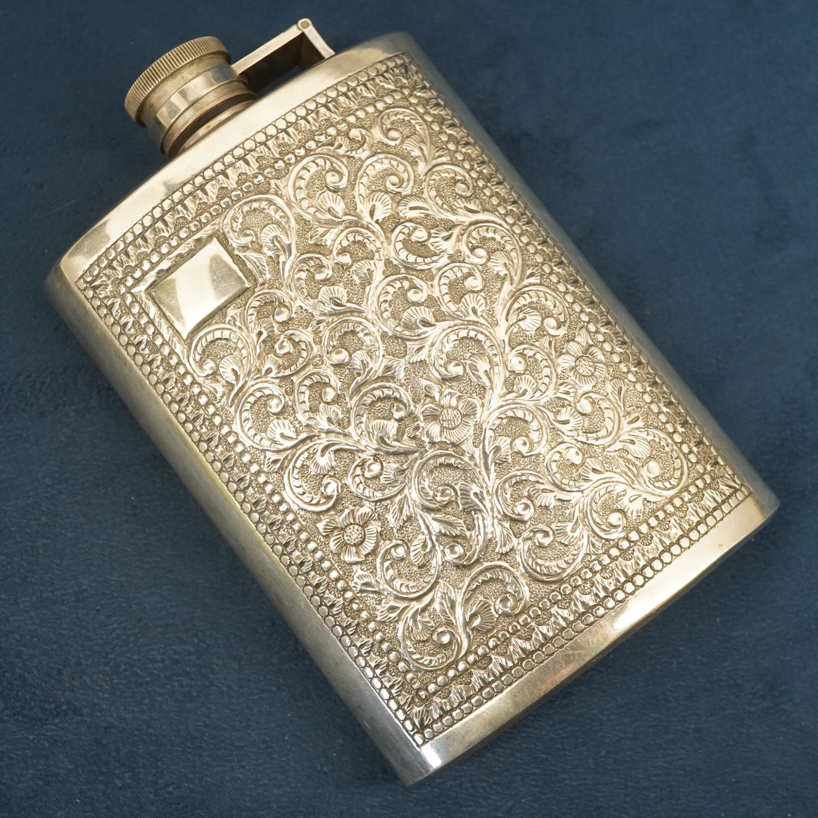 Vintage Embossed Sterling Silver Hip Flask, 196.8g - Free Shipping USA