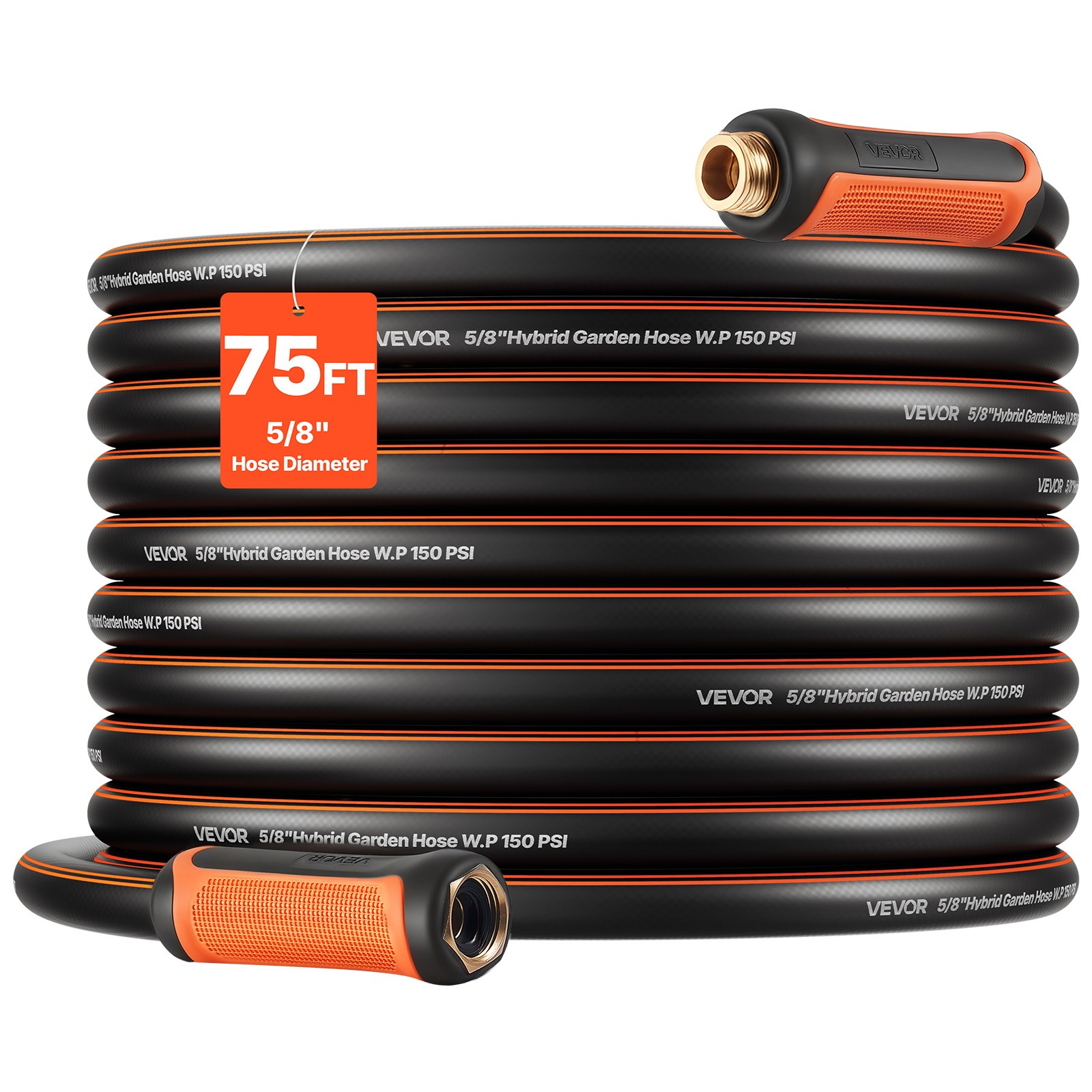 VEVOR Garden Hose 75ft 5/8" Rubber Water Hose 3/4" Fitting Heavy Duty & Non-kink
