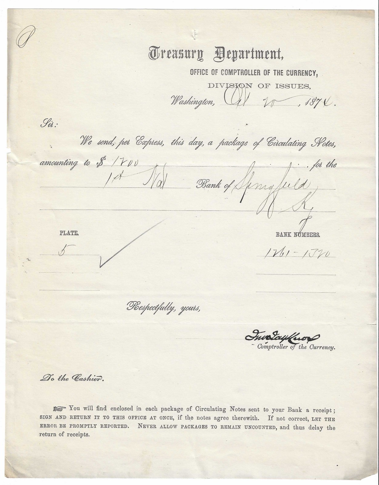 1874 Comptroller Of The Currency - Treasury Dept. - Division Of Issues - Knox