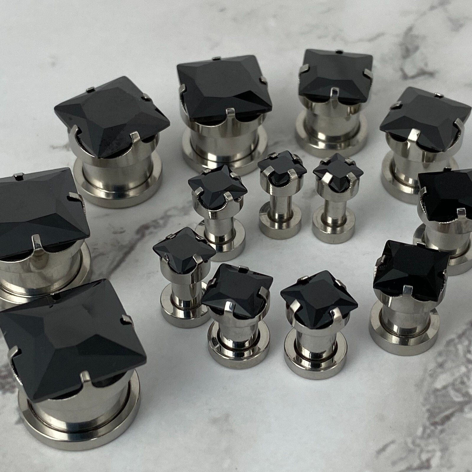 Pair of Prong Set 316L Steel with Black Square CZ Screw on Plugs gauges