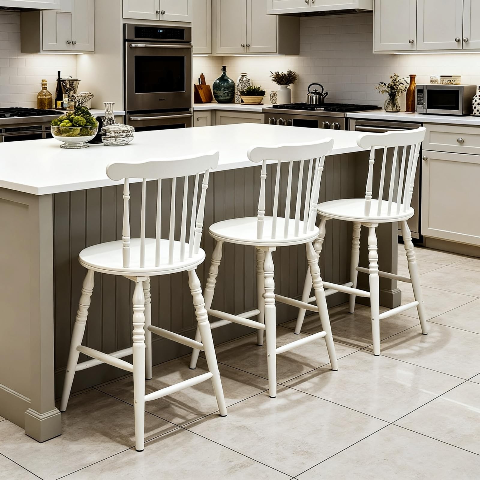 24" White Windsor Counter Height Bar Stools Set of 3, Farmhouse Wooden Counter