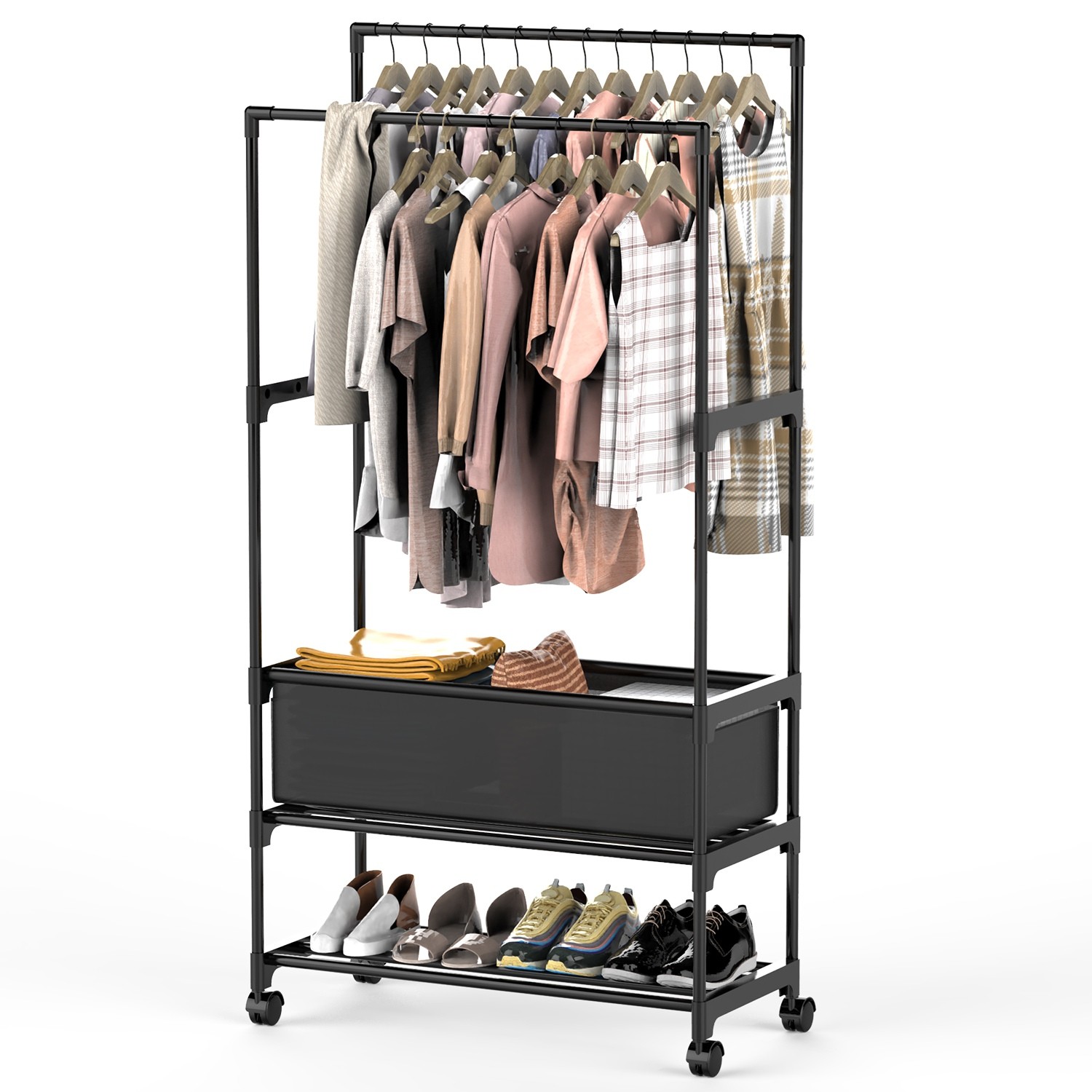 3-Tiered Garment Rack w/ Storage Bag Rolling Clothes Organizer Dual Rods Hanging