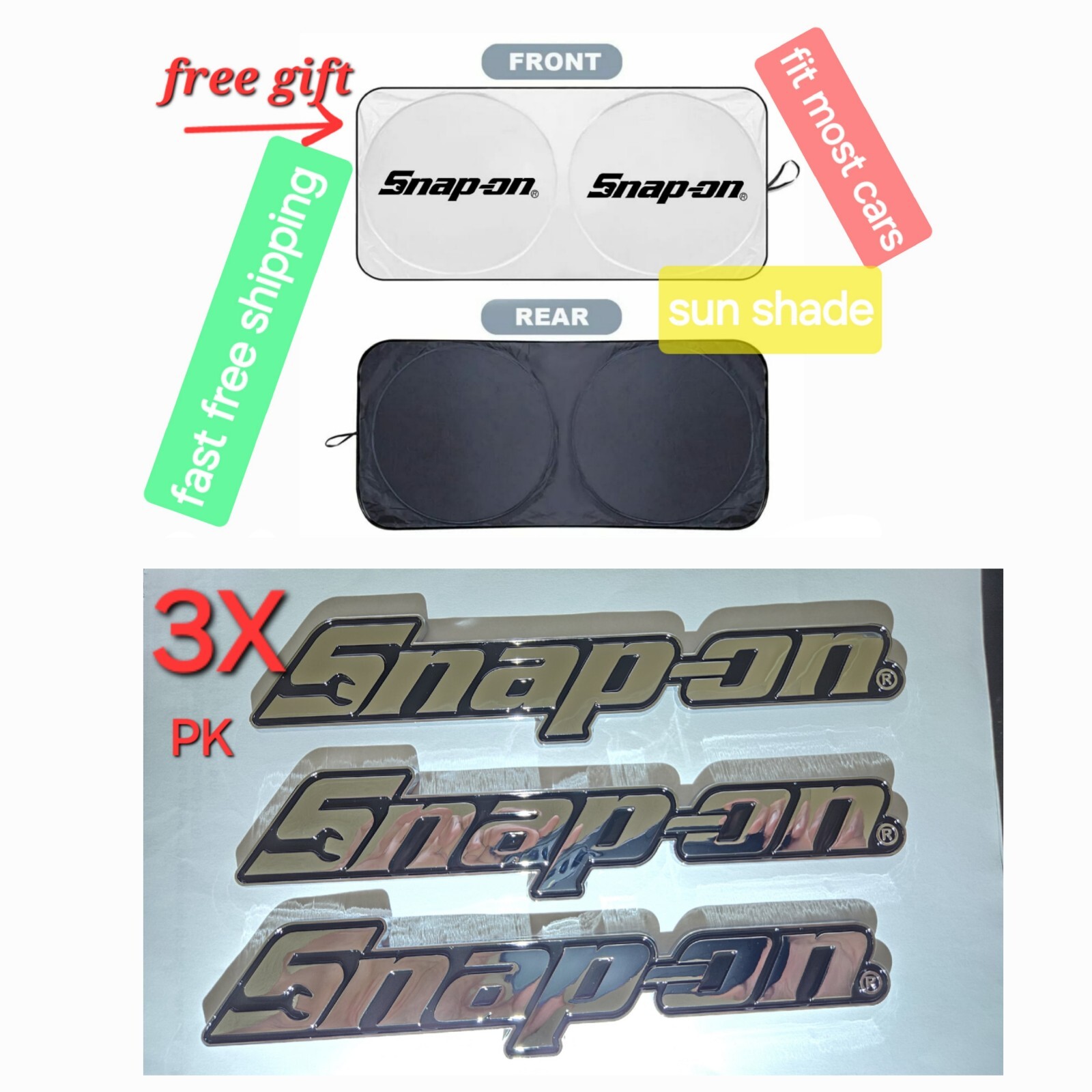 3PACK SNAP ON TOOL BOX LOGO EMBLEM Chrome Plastic Badge Decal 8" INCH NEW + GIFT