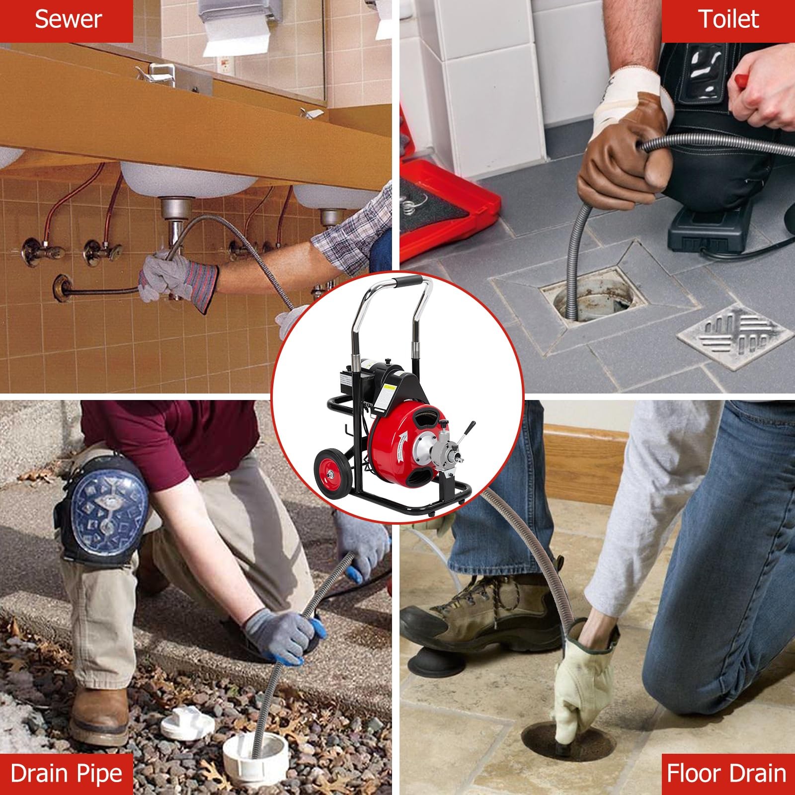 100Ft x3/8'' Drain Cleaner Electric Sewer Snake Cleaning Machine Auger Auto Feed