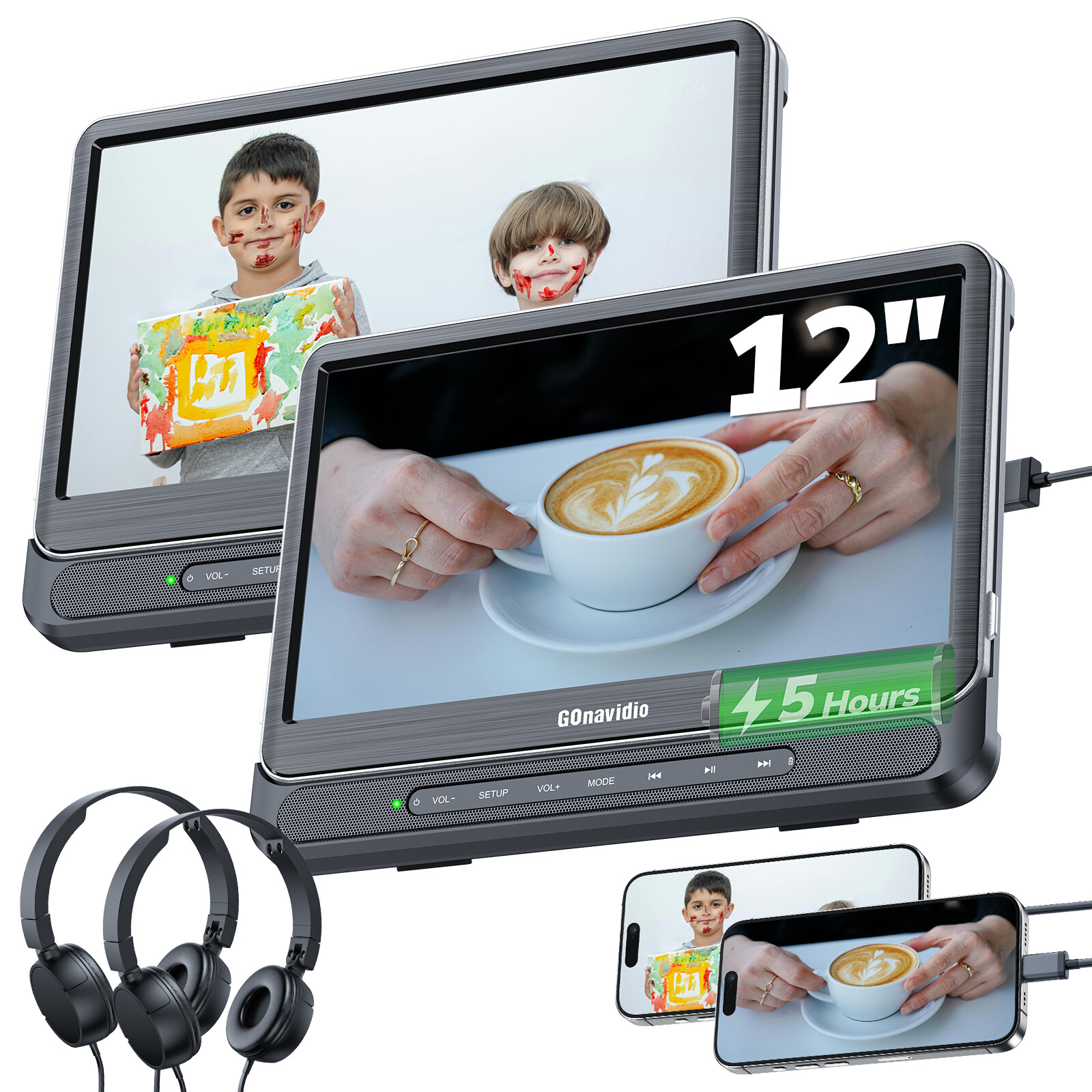 2 x 12 Inch Full HD Car Headrest Monitor TV DVD Media Player USB SD W/ Headsets[