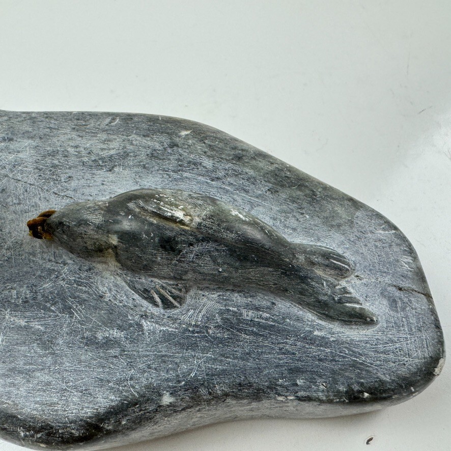 Alaskan Native Vtg Soapstone Tableau Seal & Hunter Contemporary Green Variegated