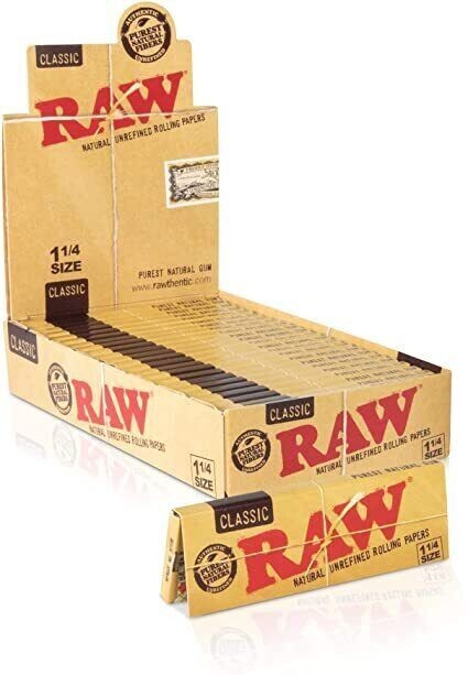 RAW CLASSIC NATURAL UNREFINED ROLLING PAPERS 1.25 1 1/4 SIZE (BOX OF 24)