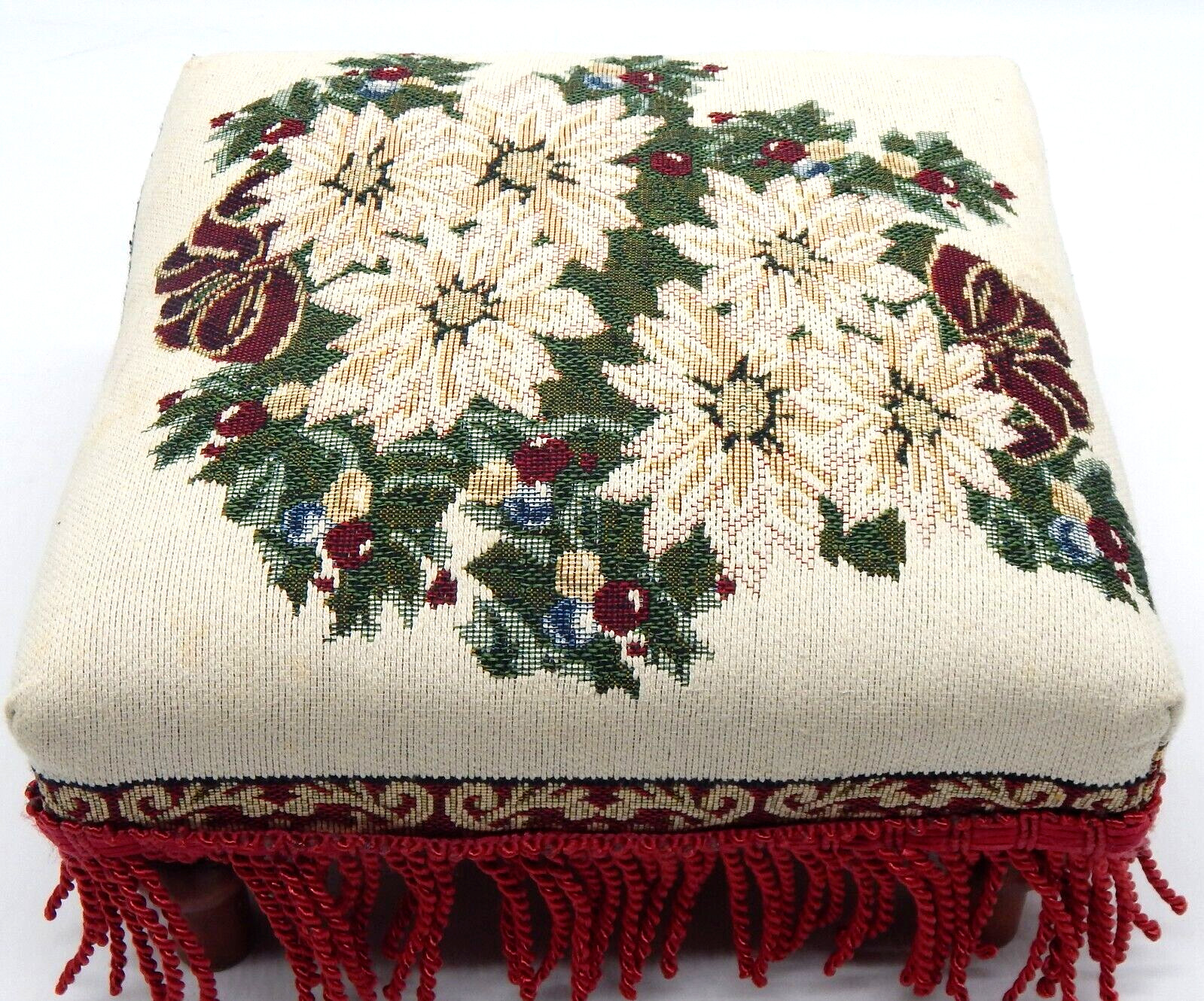 Vintage Needlepoint Square Footstool Wooden Floral Print Fringed Ottman