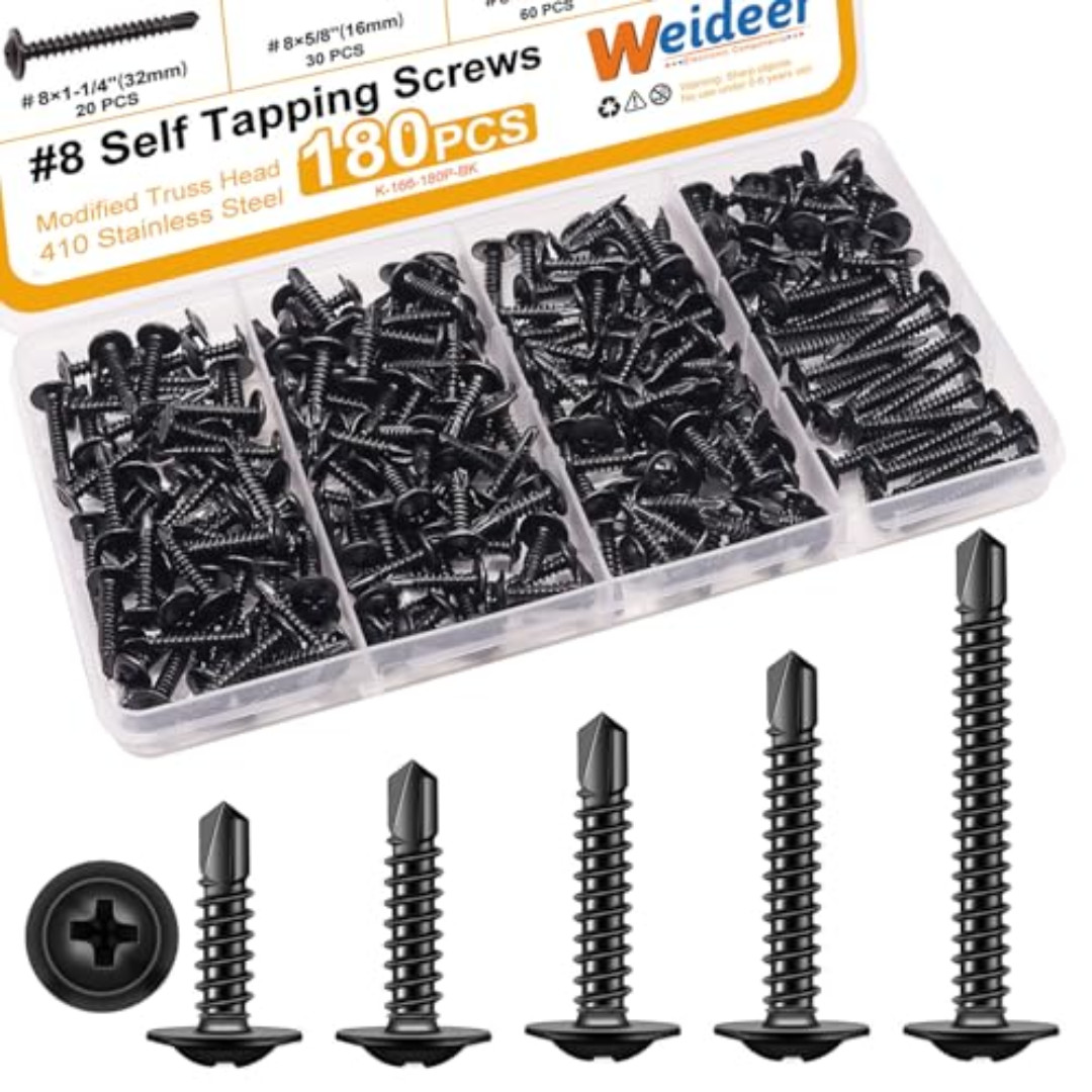 180pcs #8 Self Tapping Screws for Metal, Sheet Metal Screws, 410 Stainless Steel