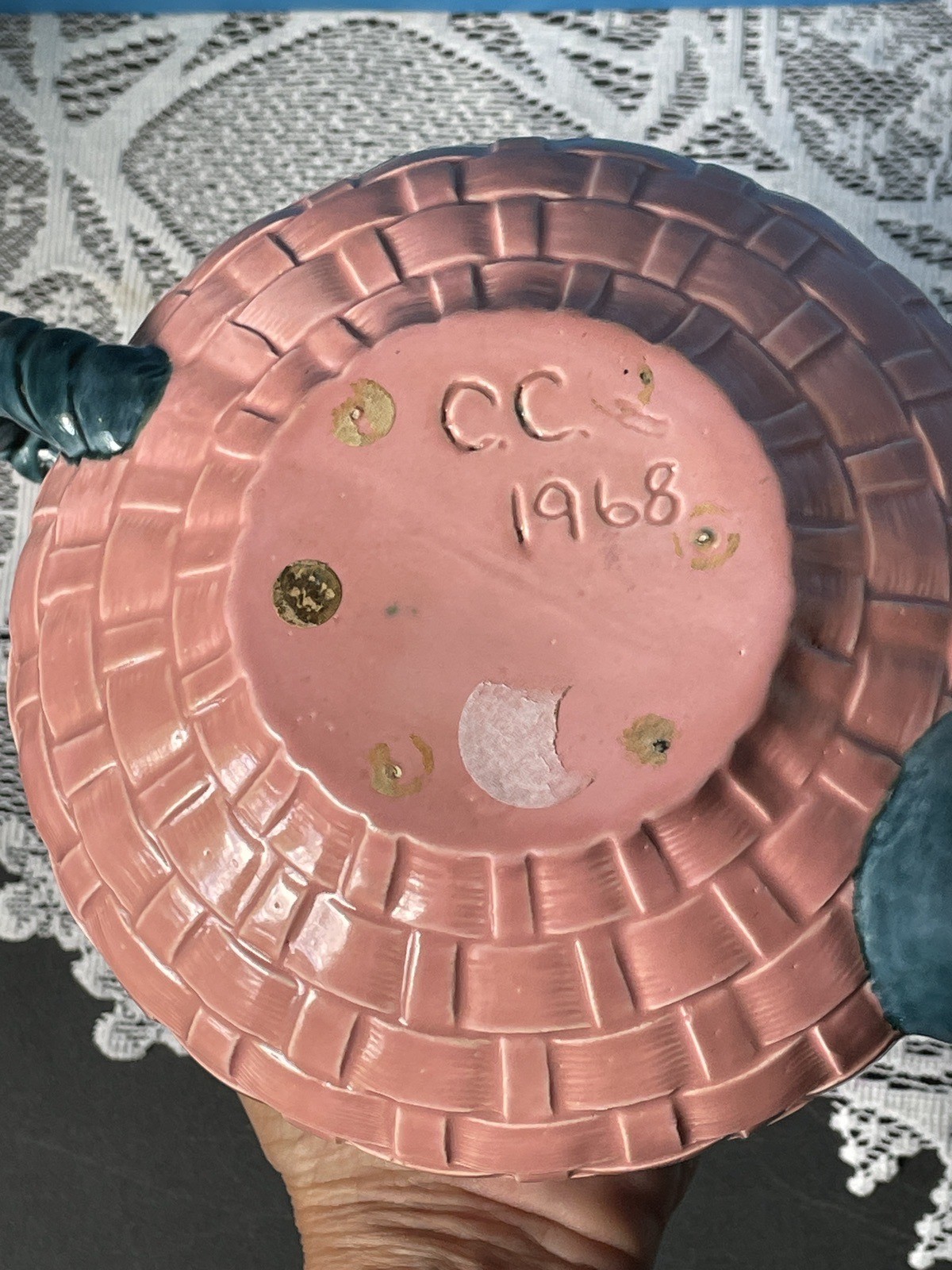 Ceramic Teapot Pink & Teal Basketweave Country Flare Cottagecore Signed Dated