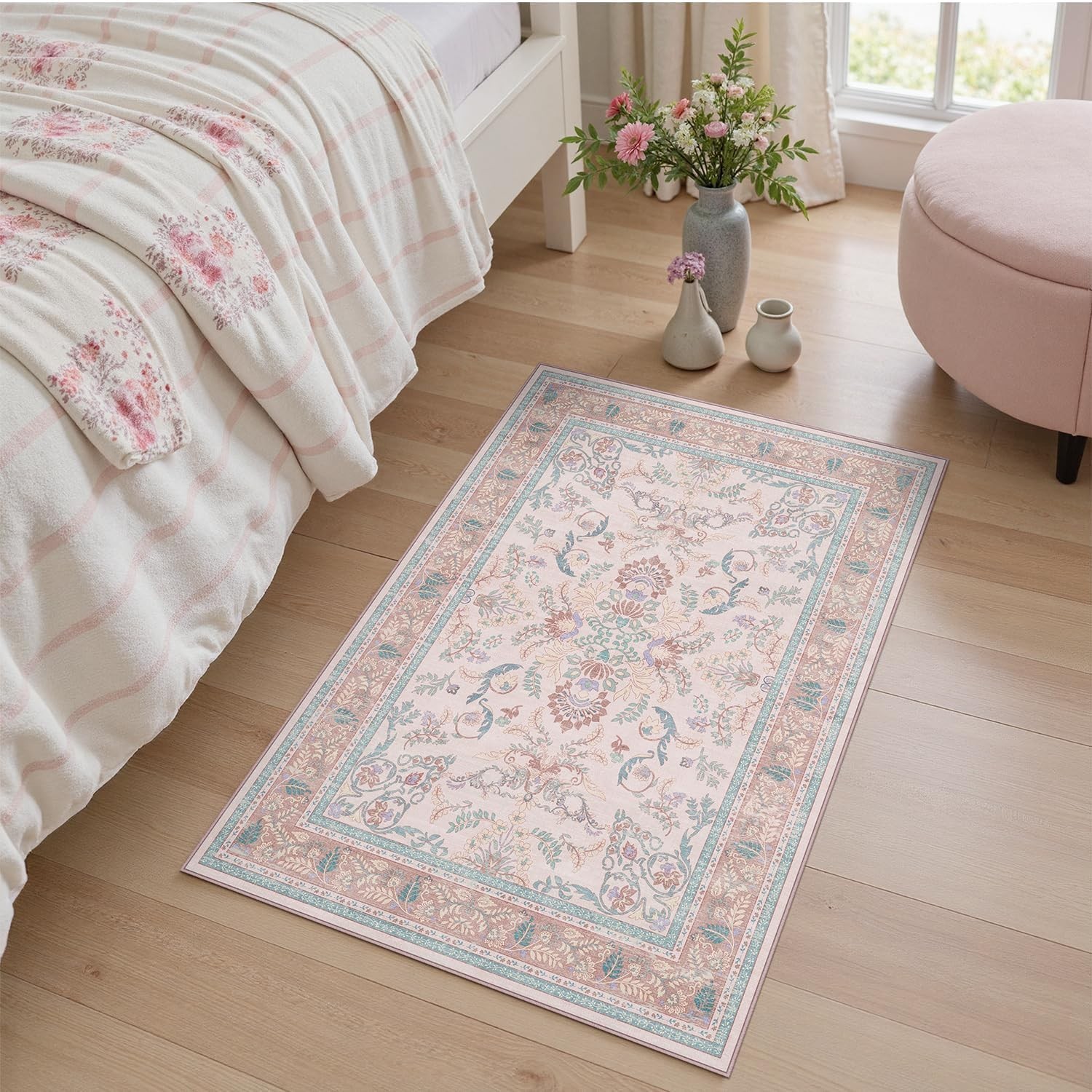 DCX 2x3 Pink Vintage Floral Rug, Machine Washable Non Slip Low Pile Carpet fo...