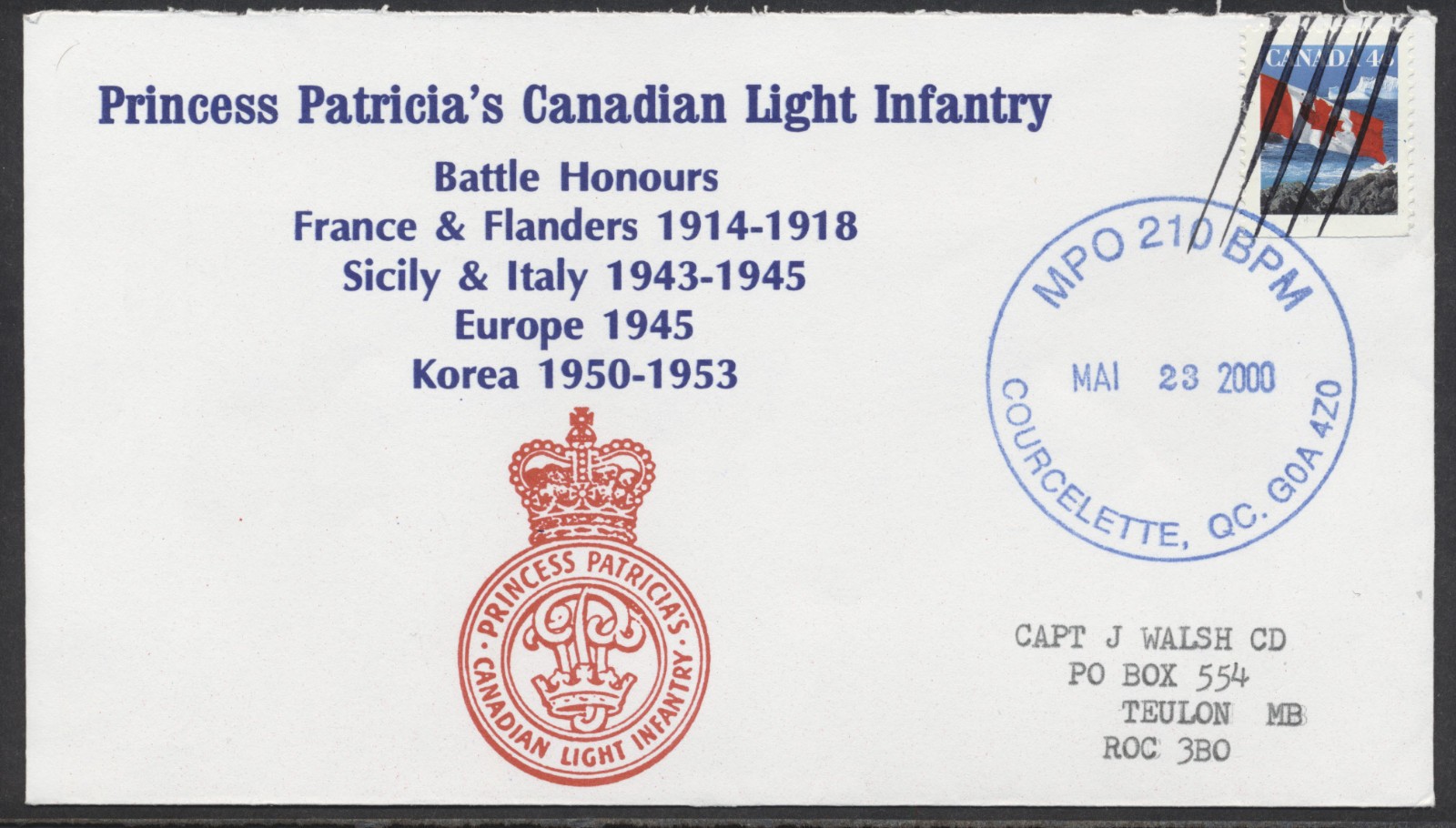 2000 Princess Patricias Canadian Light Infantry Cover Courcelette QC MPO/BPM 210