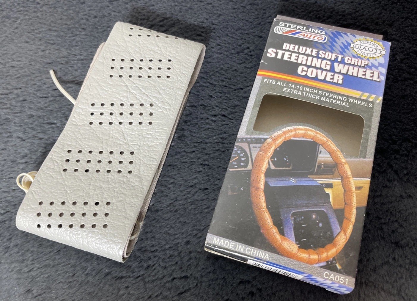 80s Steering Wheel Deluxe Soft Grip Cover Lace Up Gray Vinyl Wrap Leather Look