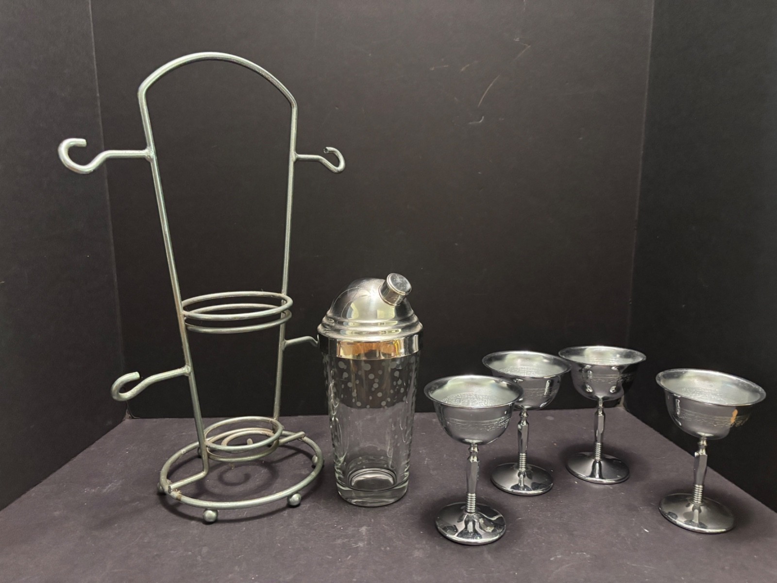Retro CHROME MARTINI Set 4 Glasses Libbey COCKTAIL Shaker Stand/Carrier MCM Vint