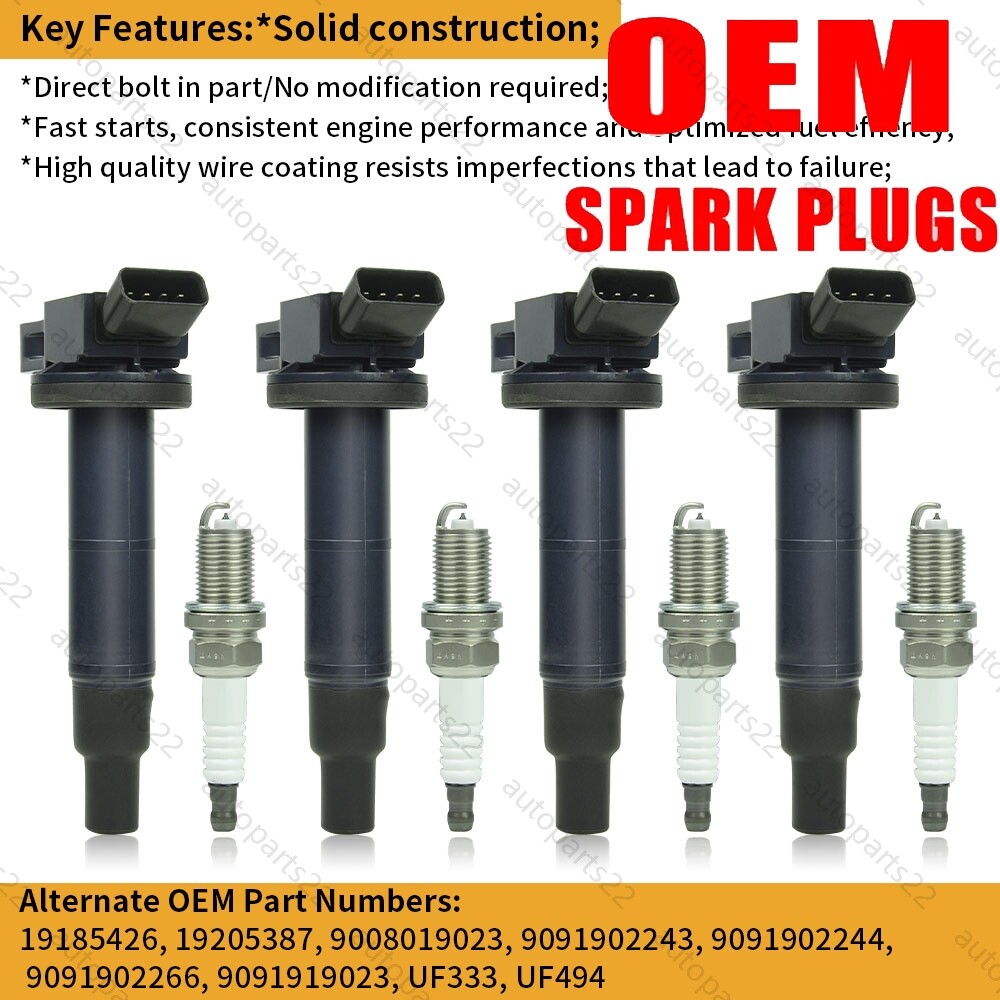 OEM UF333 4x Ignition Coil & 4x Iridium Spark Plug For 2002-11 Toyota Camry 2.4L