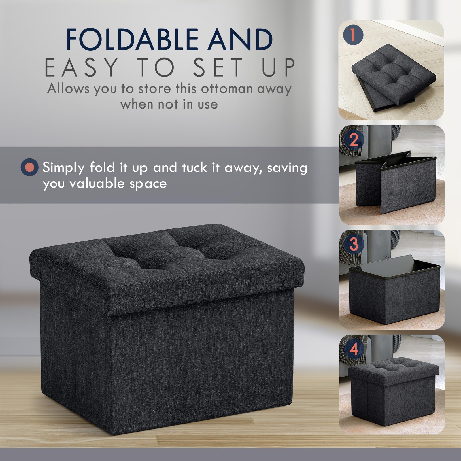 Small Storage Ottoman Foldable Collapsible Rectangle Linen Ottoman Foot Rest ...