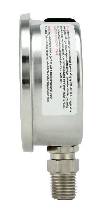 2.5" LIQUID FILLED PRESSURE GAUGE 0 - 30 PSI, STAINLESS STEEL CASE LOWER MOUNT