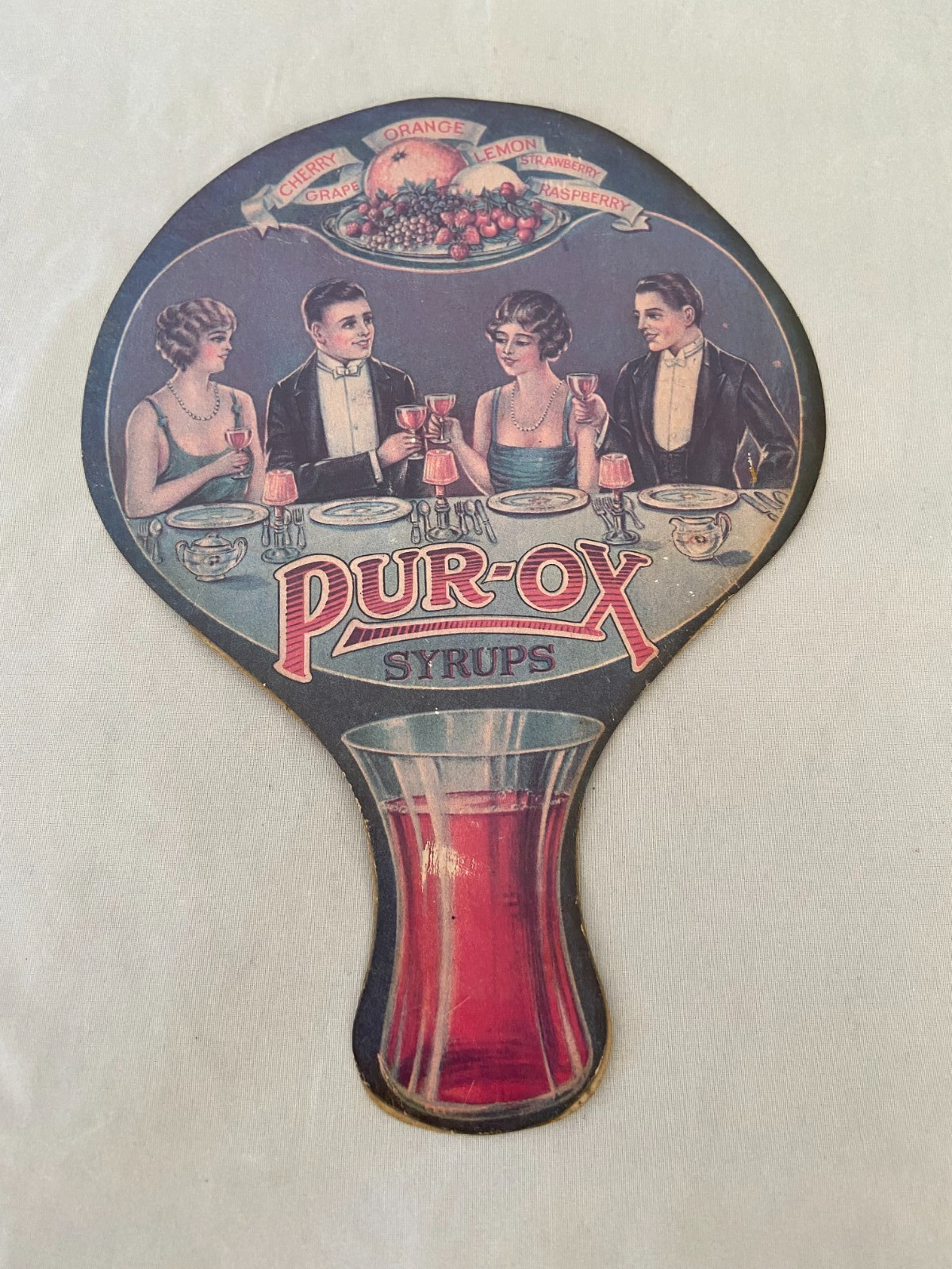 Vintage Advertising Die Cut PUR-OX SYRUPS Cardboard Handheld Fan