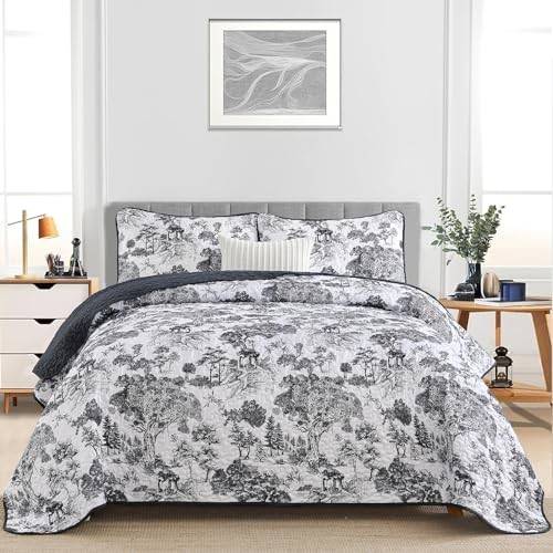 Botanical Quilt Set Size 3 Pieces Toile Floral Plants Printed Queen Black