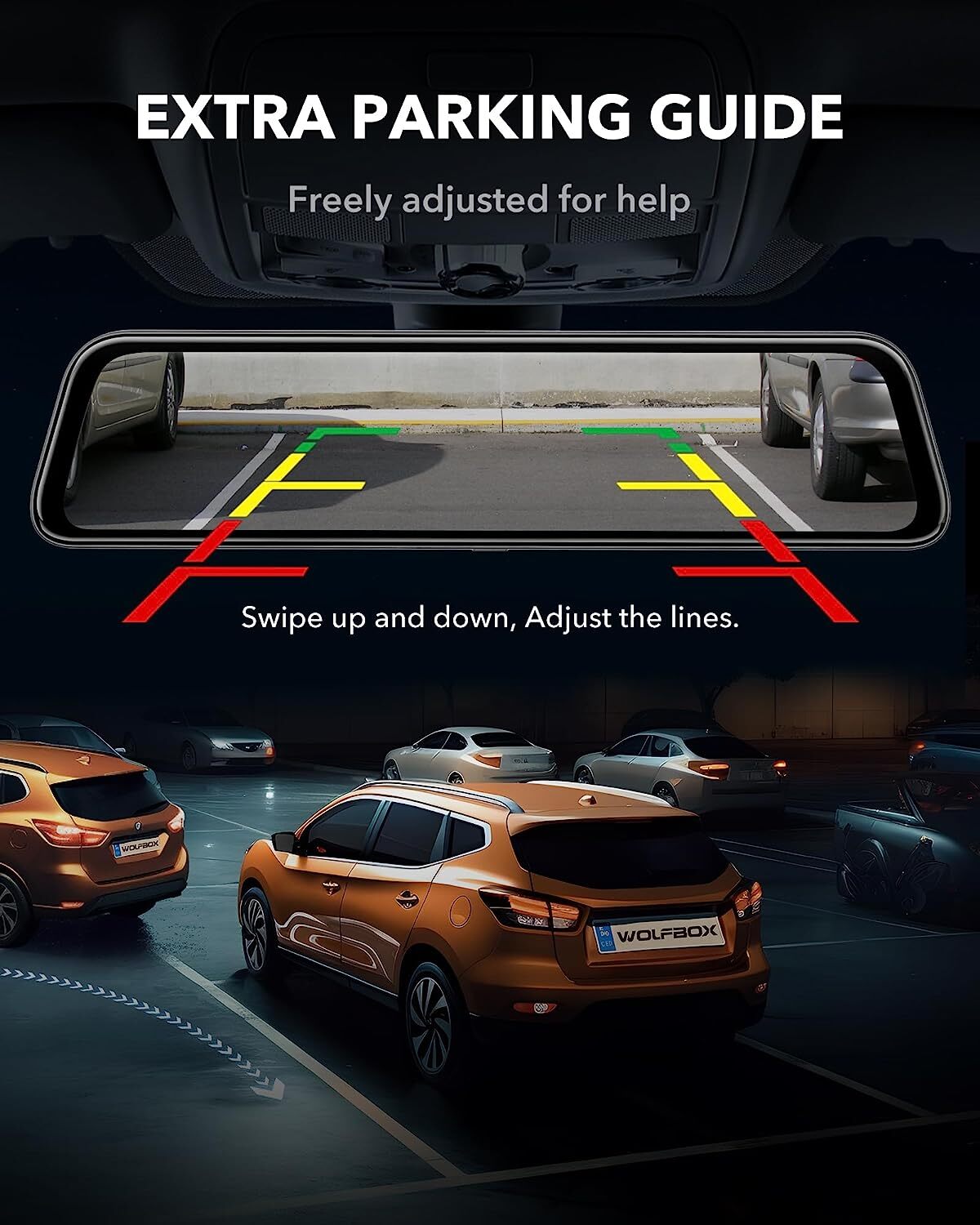 WOLFBOX 4K 12" Dual Dash Cam Car Rear Mirror View Backup Dual Camera G840S