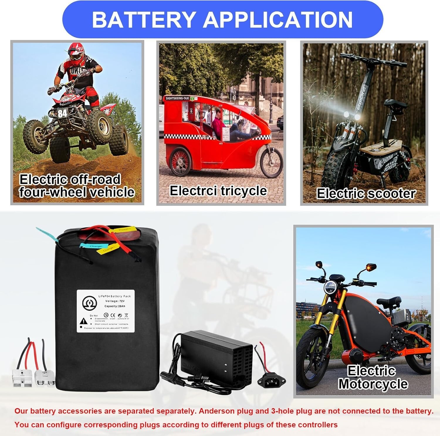 Btr 72V 20Ah LiFepo4 Lithium Battery Pack for 250W-1800W Electric Bike Motor 50A