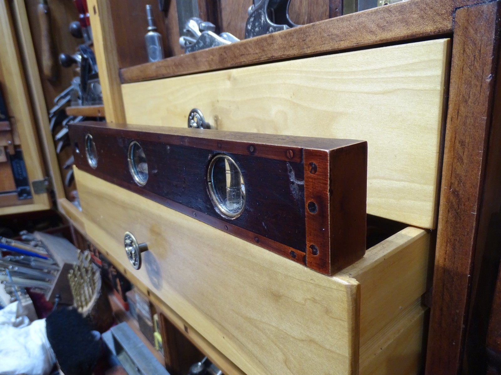 Antique User Made Brass Bound Double Plumb and Level Glass Vial Windows- WOW!!