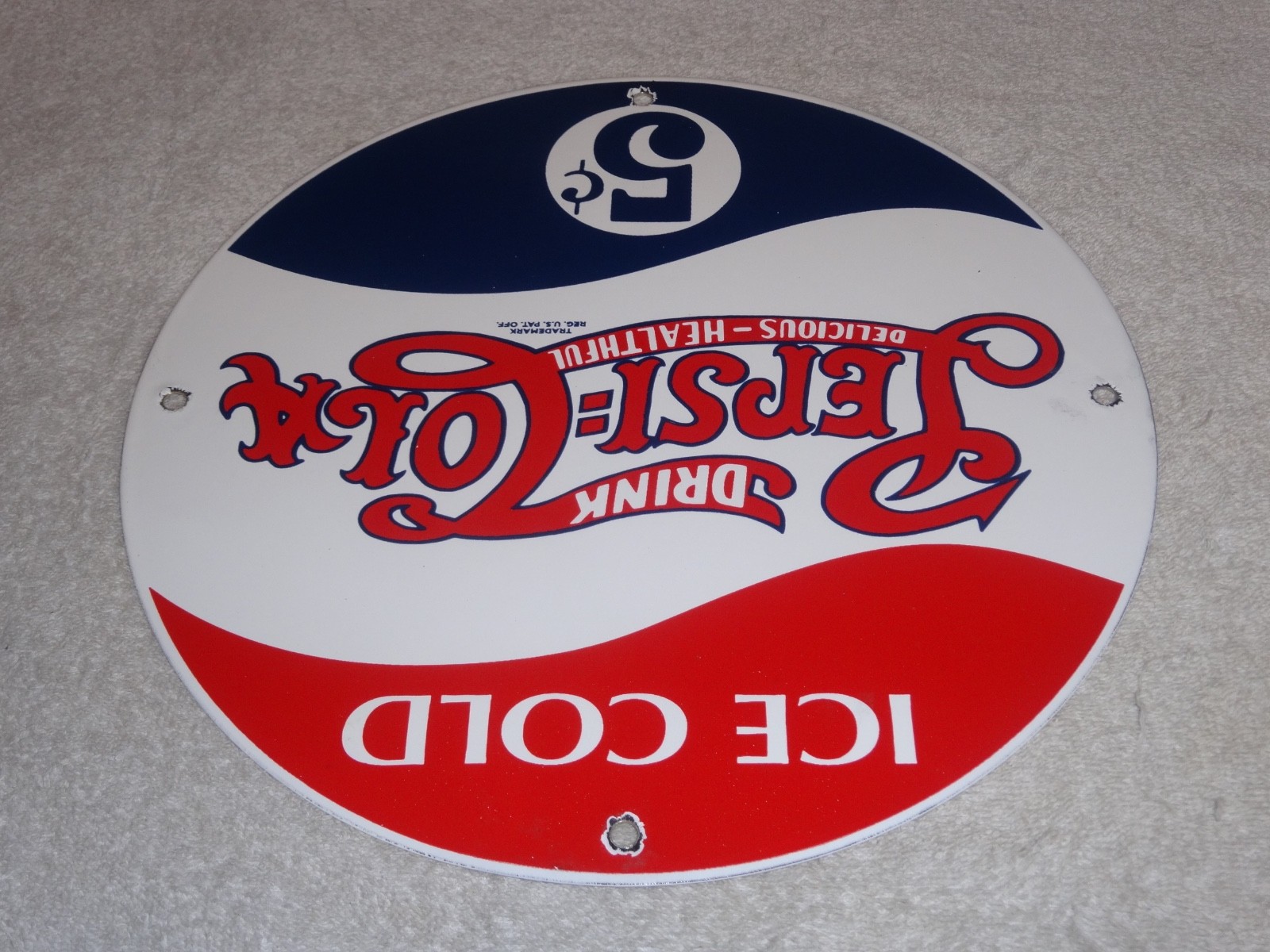 VINTAGE DRINK PEPSI COLA 5 CENTS! 11 3/4" PORCELAIN METAL SODA GASOLINE OIL SIGN