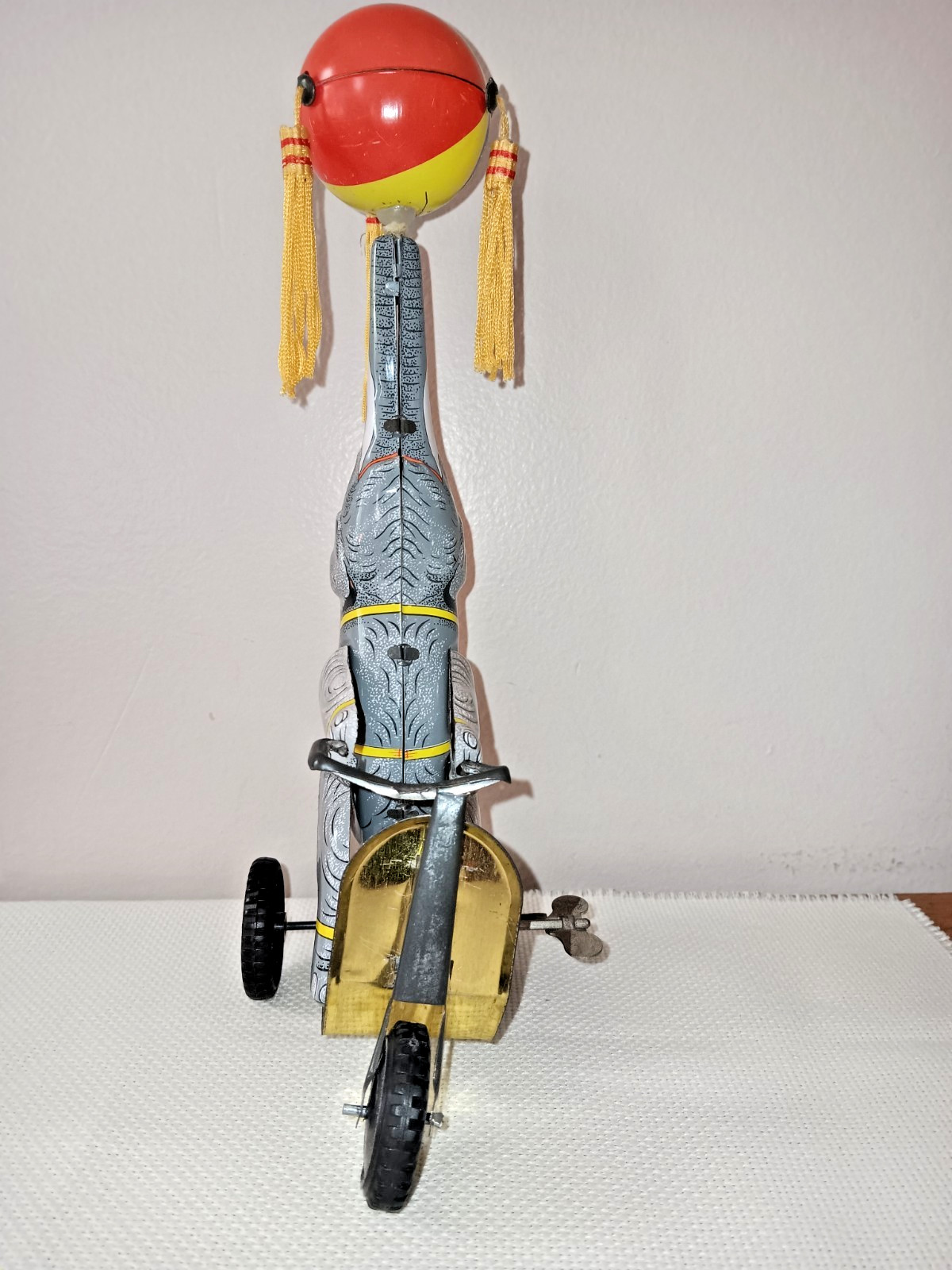 Tin Toy Elephant on Trike With Ball on Nose, 9 Inches Tall