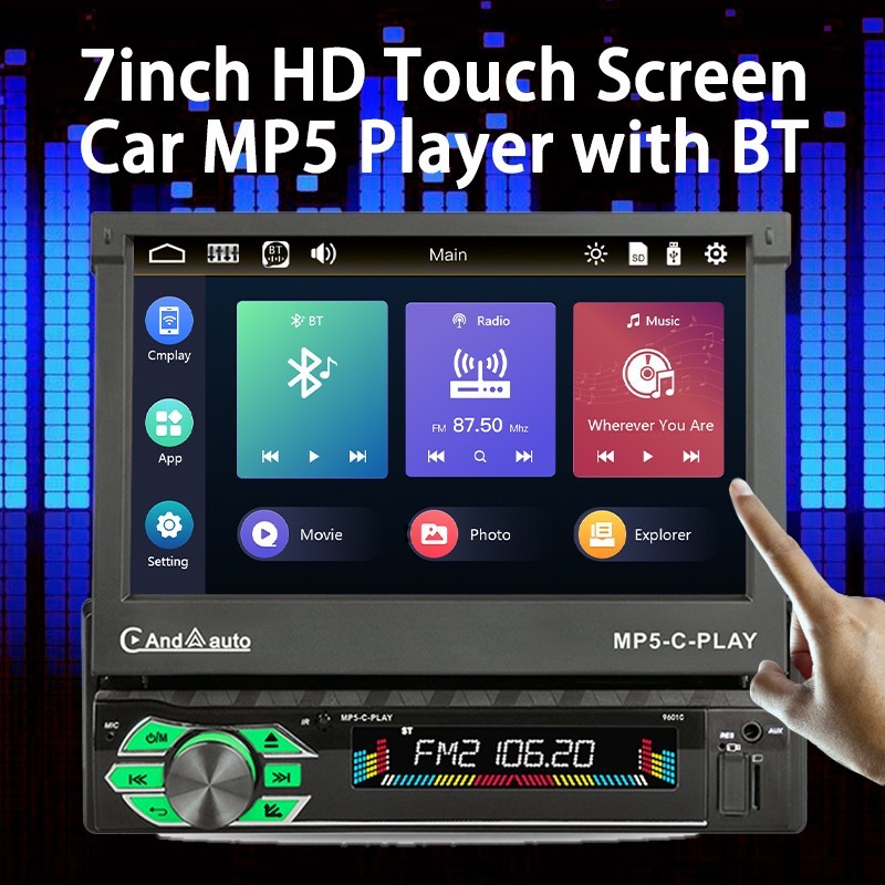 7" MP5 Single Spindle Player Car Electric Telescopic Screen 9601C-CARPLAY