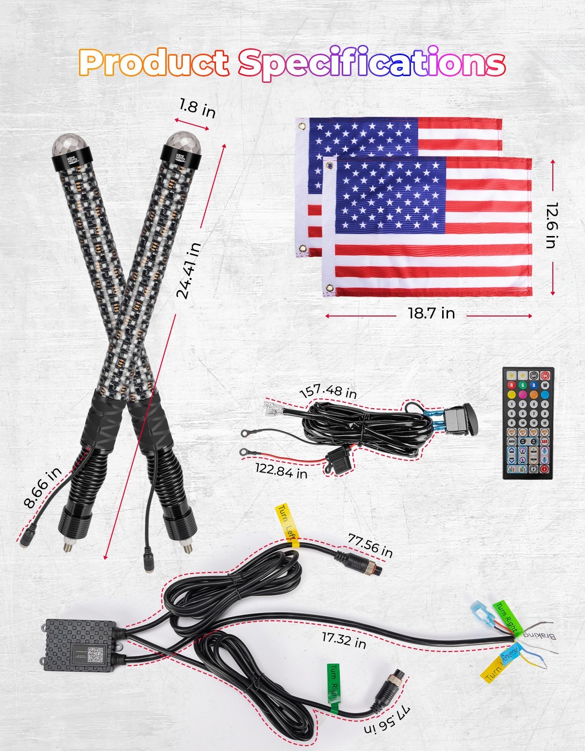 2PCS 2FT Fat Whip Lights LED Spiral Chasing Lighted w/ Warning Light for X3 RZR