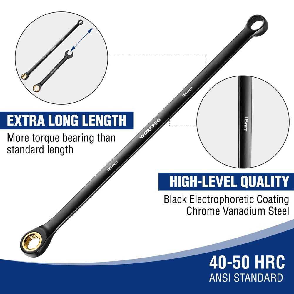 WORKPRO 10PC Extra Long Ratcheting Wrench Set 8-19mm Combination Metric 72-Teeth