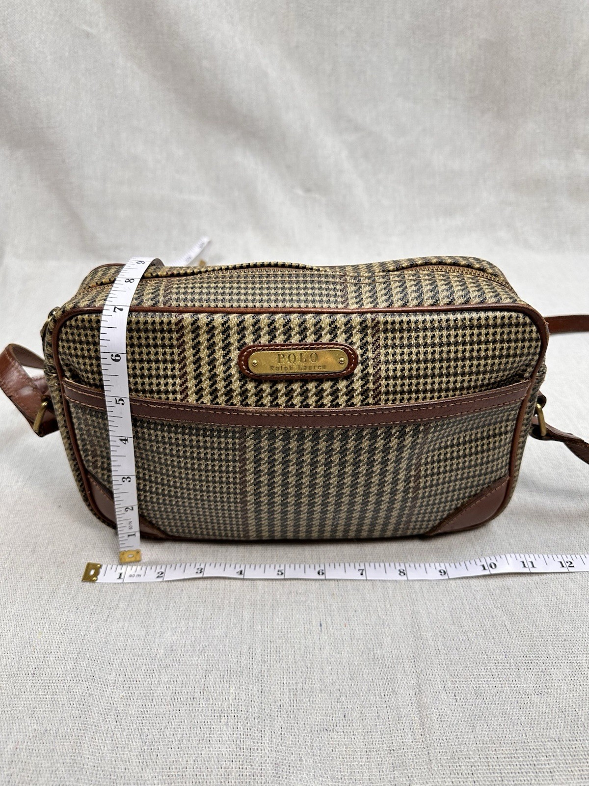 Vintage Polo Ralph Lauren Brown Russell Houndstooth Plaid Bag Leather 90s