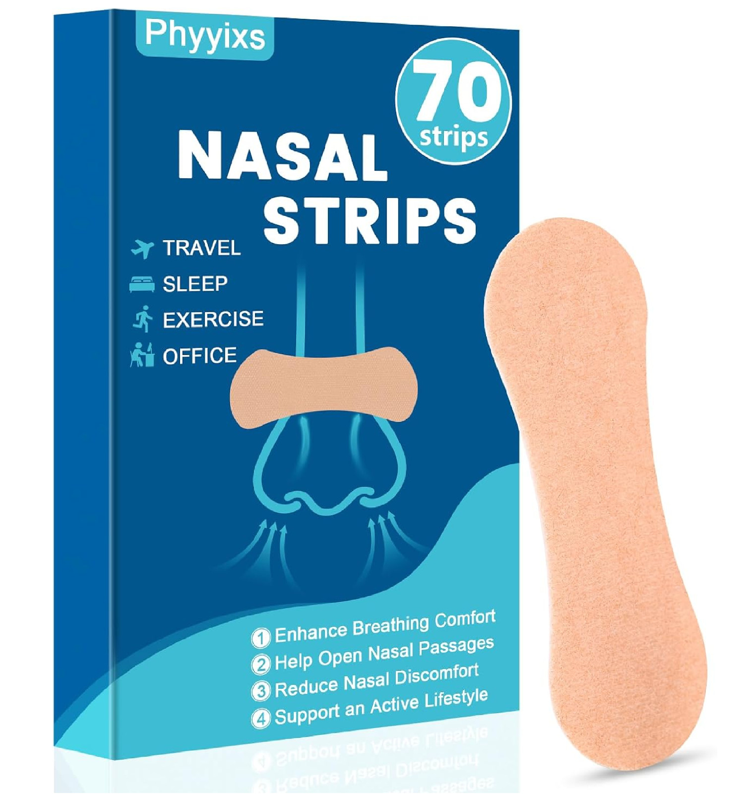 70 Pcs Nasal Strips，Extra Strength, Sweat-Proof Adhesive Performance Nose Strips