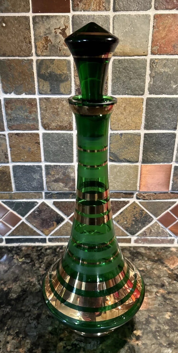 Borske Sklo Gold Banded Green Glass Decanter Mid Century Genie Jeannie Bottle
