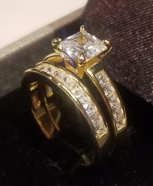 CLEARANCE Princess simulated Diamond Engagement Set Gold Plated Sterling Silver