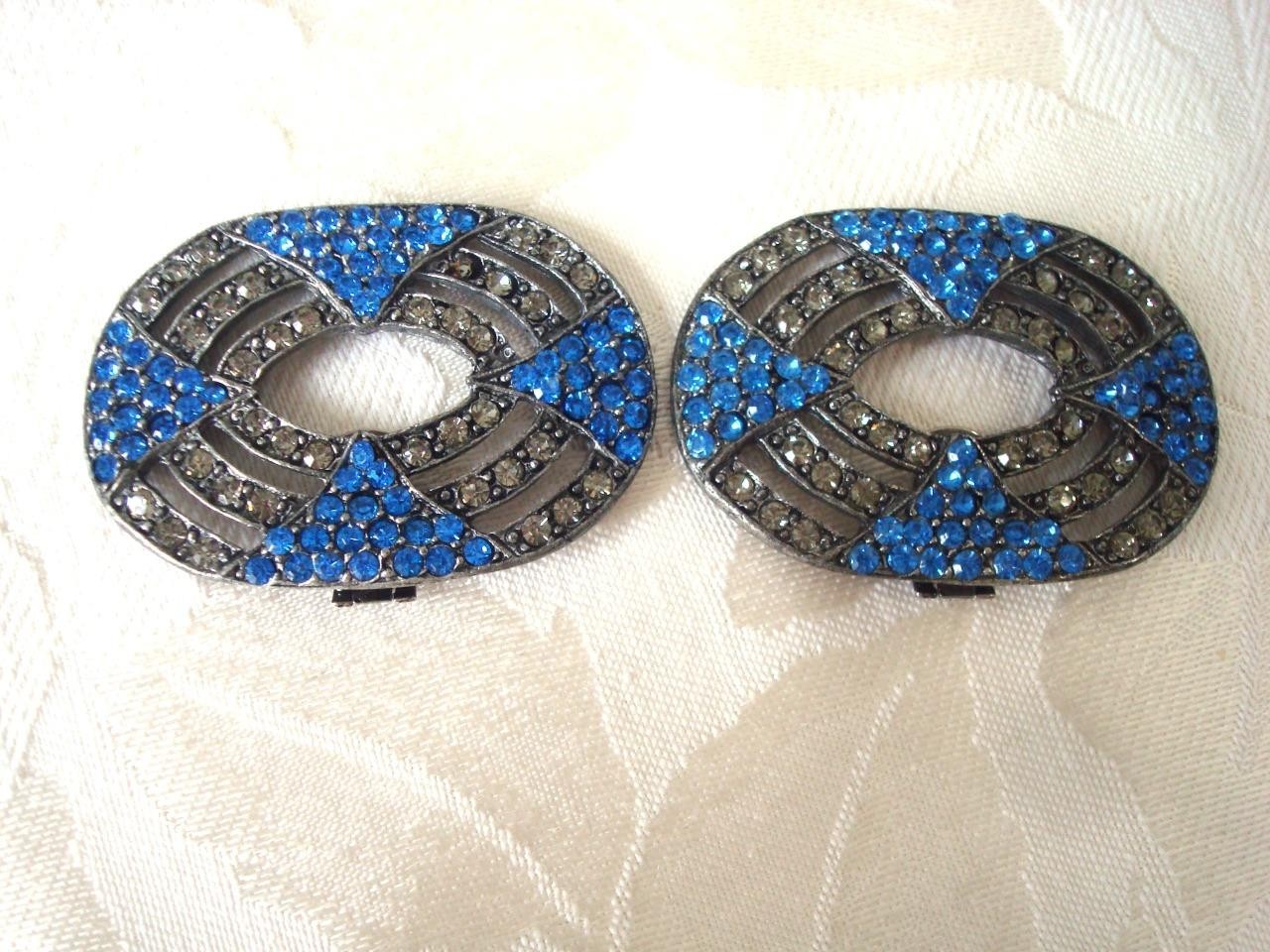 Pair of  Art Deco Inspired Shoe Clips Blue Clear Rhinestones Nancy Katz. KJ
