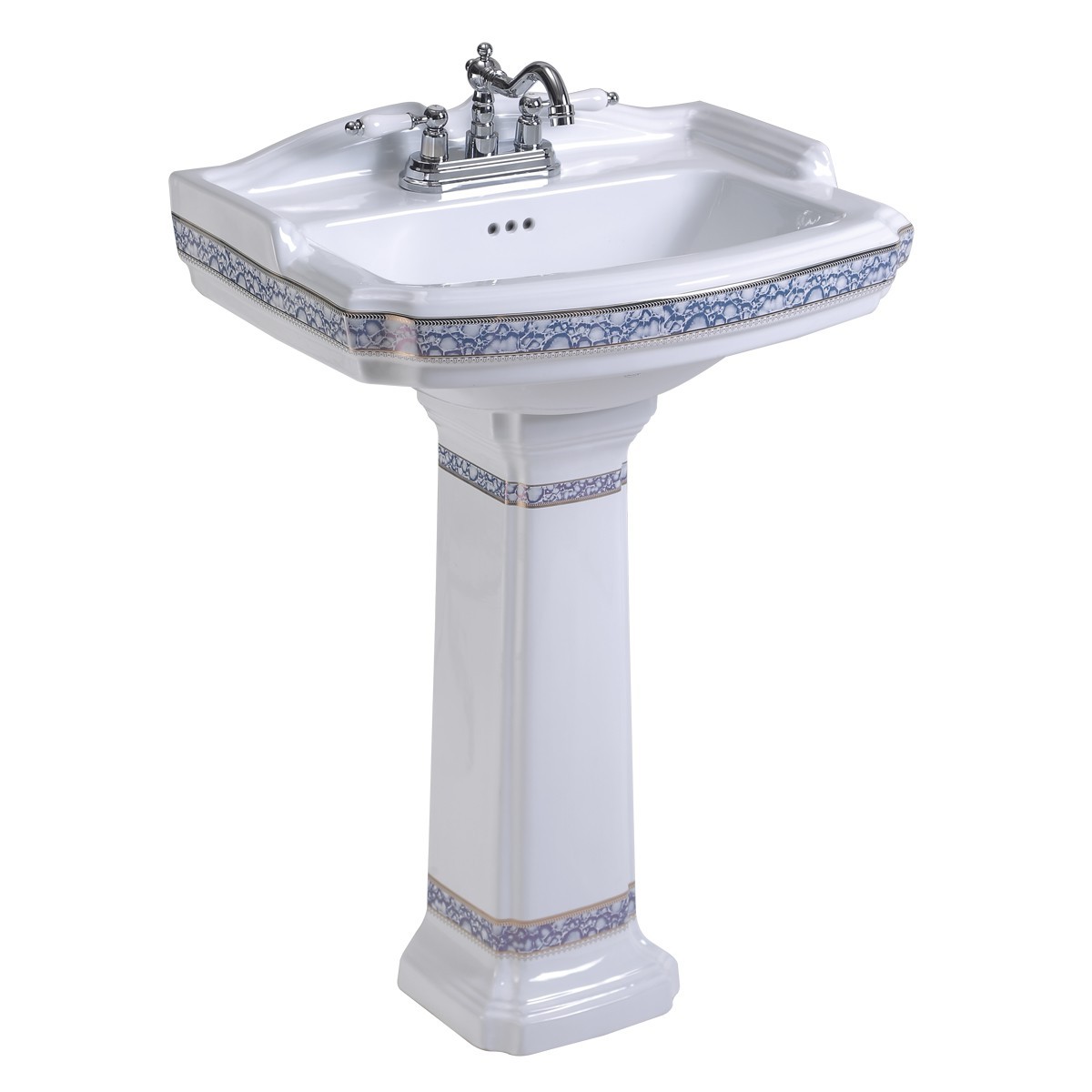 India Reserve White Bathroom Pedestal Sink Porcelain with Blue and Gold Finish