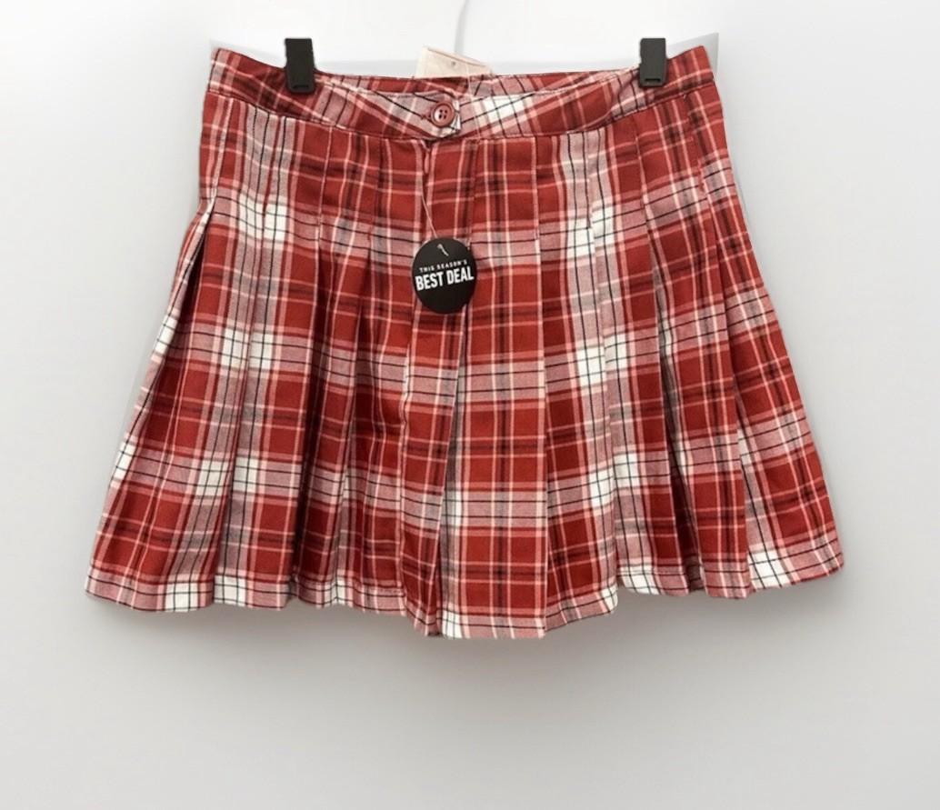 NWT Pleated Plaid Women’s Medium Mini Skirt Forever 21 Burgundy Red White School