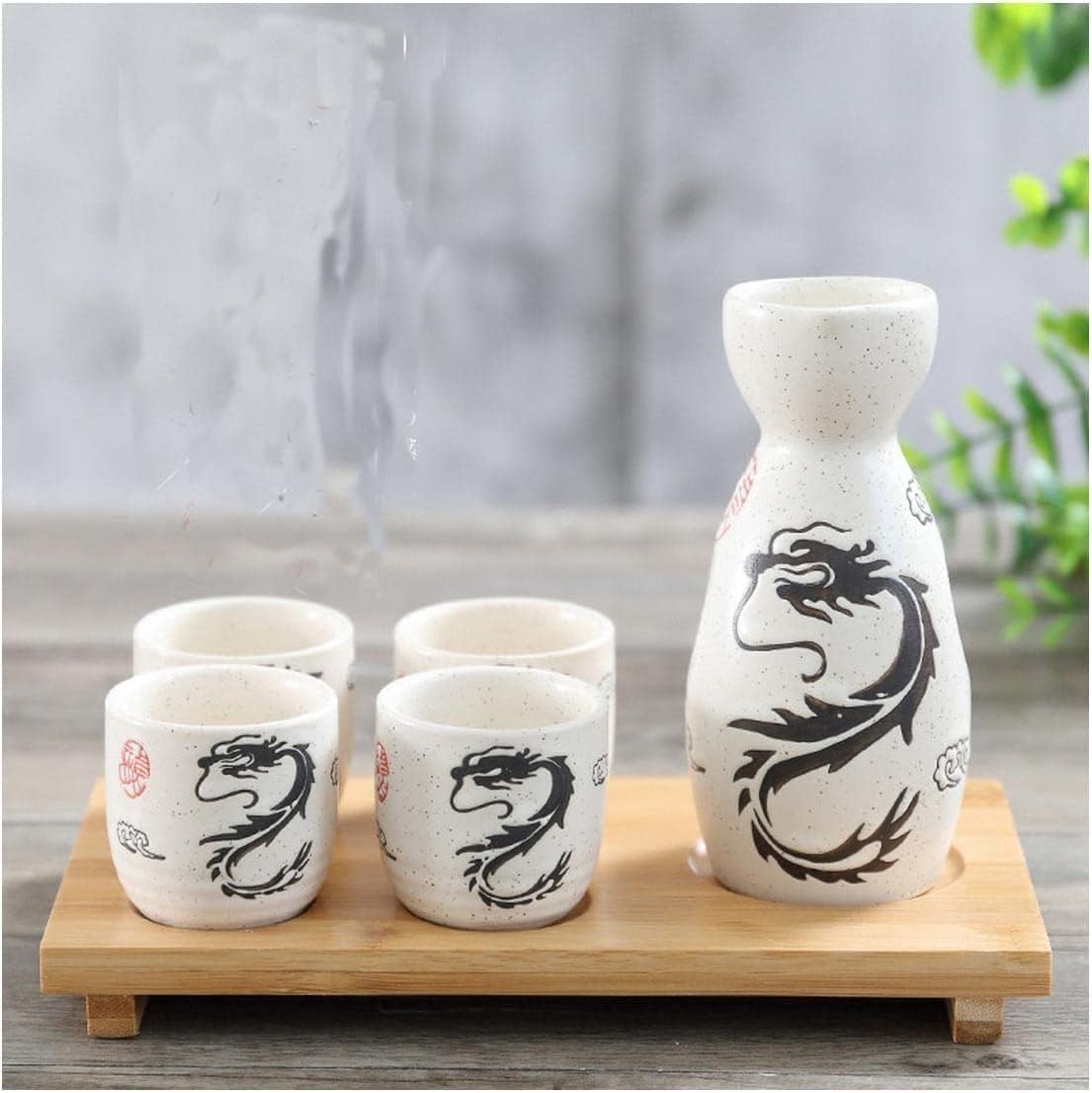White Dragon Porcelain Sake Set Bottle Cups Saki Set Microwave Safe 5 oz S-4912